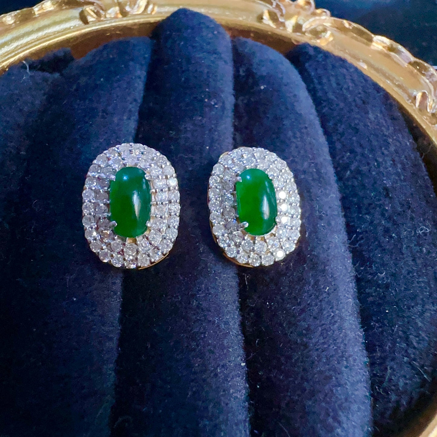 Burmese Jadeite Jade with Natural Diamonds Earrings in Solid Gold