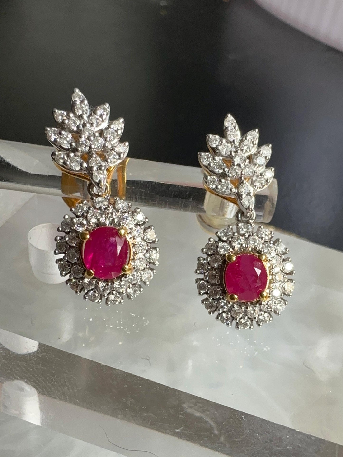 Snow Flakes Modern Design Natural Unheated Burmese Rubies and Natural Diamonds Earrings in 20K solid gold