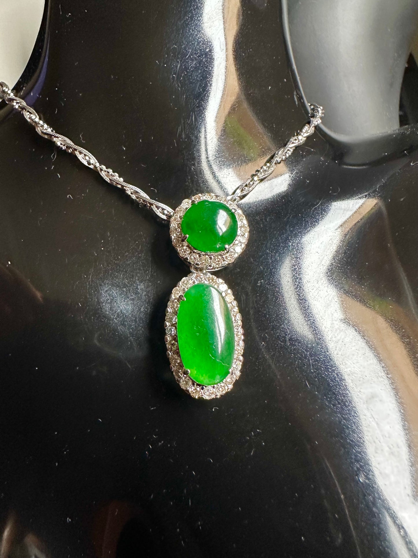 Two Step Drop Pendant Natural Untreated Burmese Jadeite & Diamonds