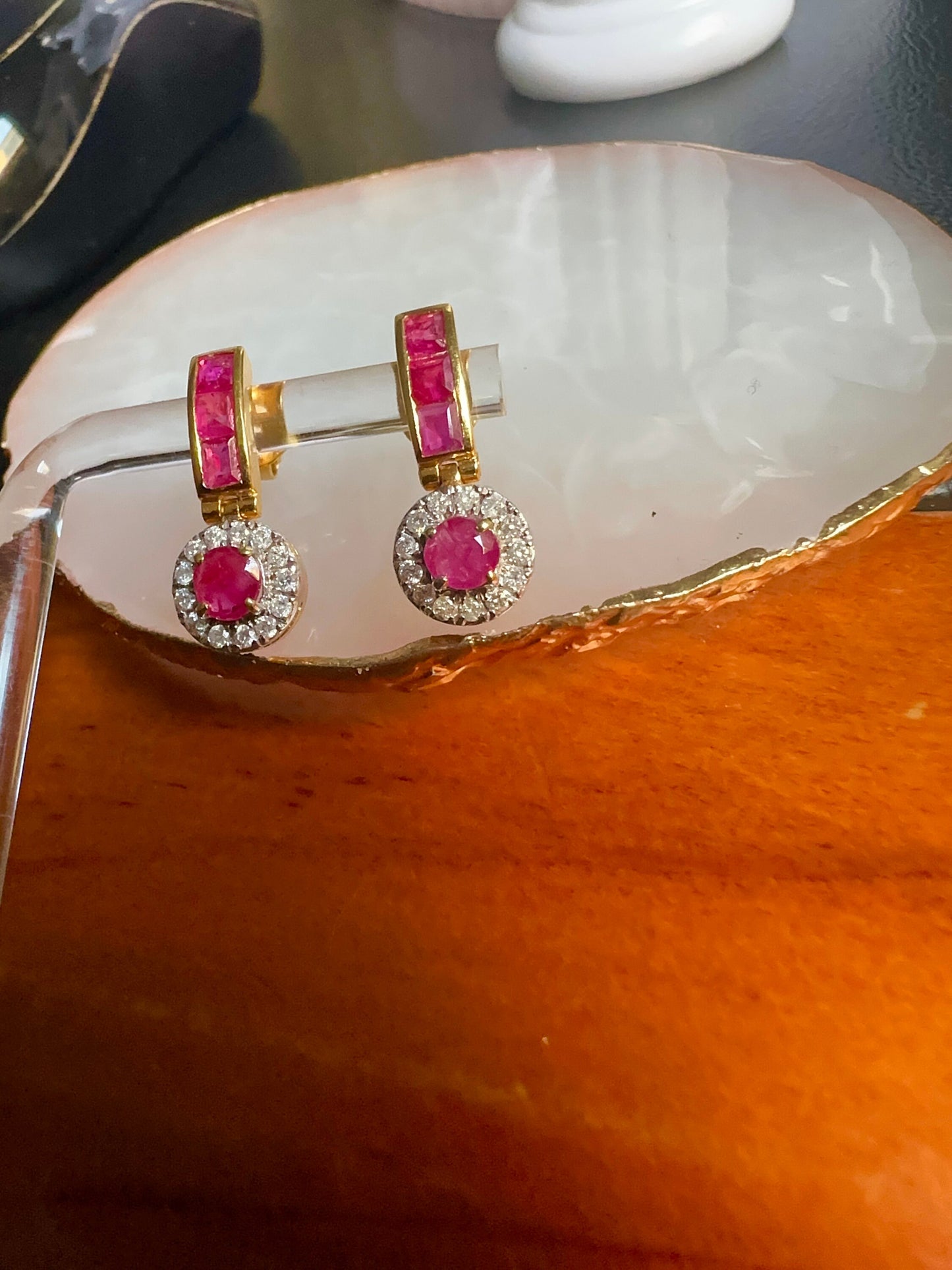 Dangle Drop Earrings with Total 2CT Natural Unheated Burmese Ruby and Diamonds in 20K Gold