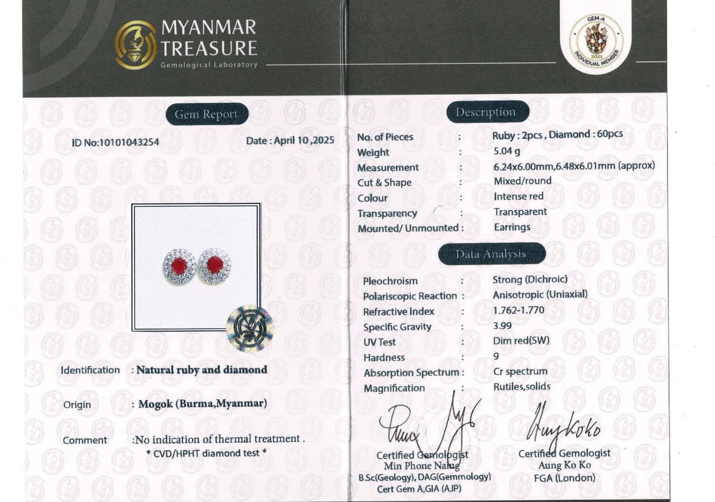 Natural unheated Burmese rubies (3.2CT) and natural diamond drop earrings in 18K solid gold