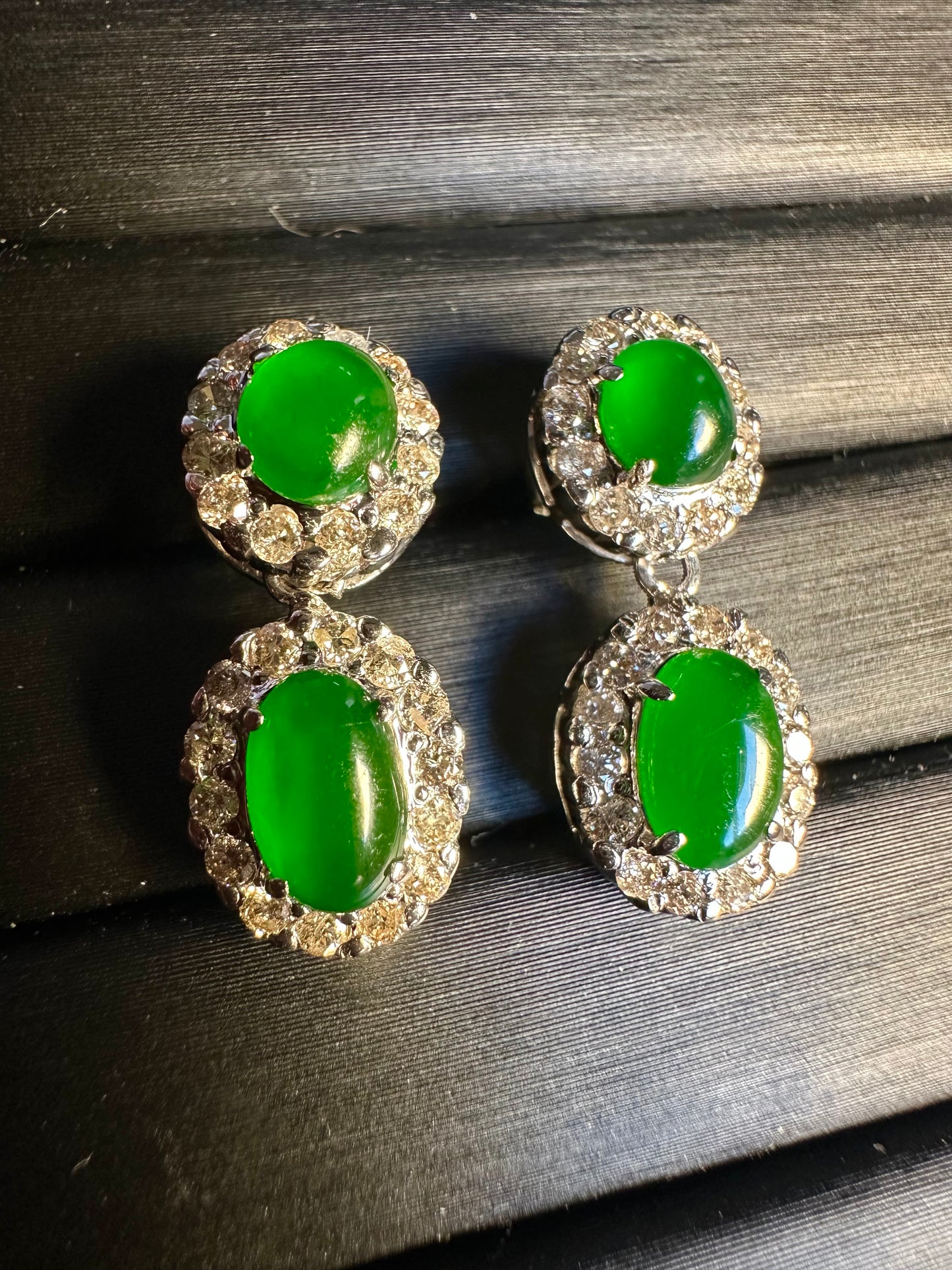 Two Step Drop Earrings Natural Untreated Burmese Jadeite & Diamonds
