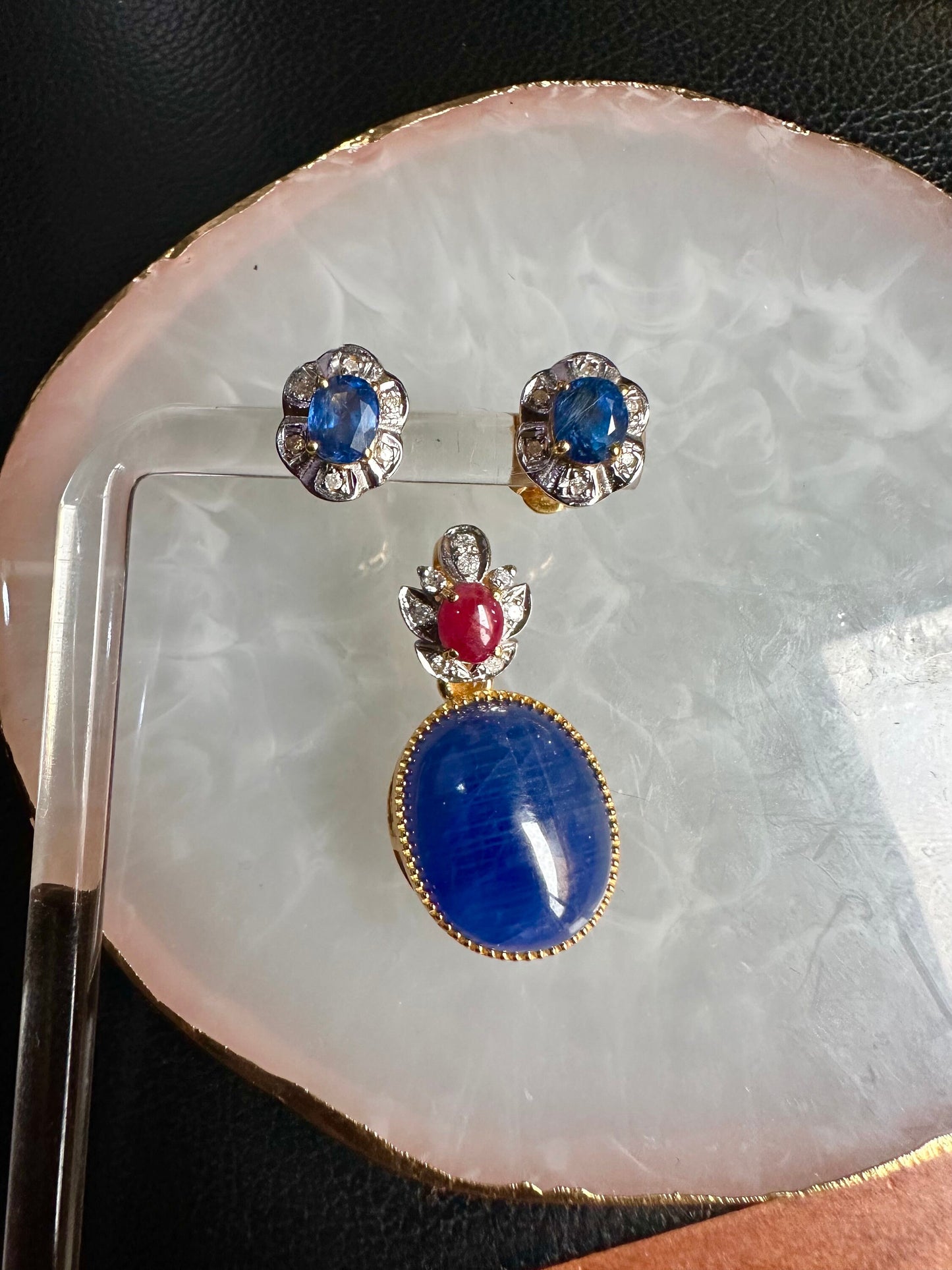 Natural Unheated Large Size Sapphire Cabochon (16CT) with natural Ruby and Natural Diamond Pendant in 20K gold