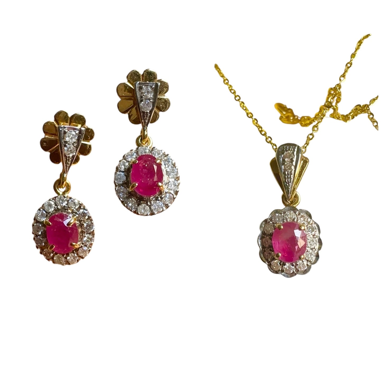 Stunning Earring & Necklace Set -Featuring Natural Unheated Burmese Ruby and Natural Diamond Earrings in 20K Solid Gold.