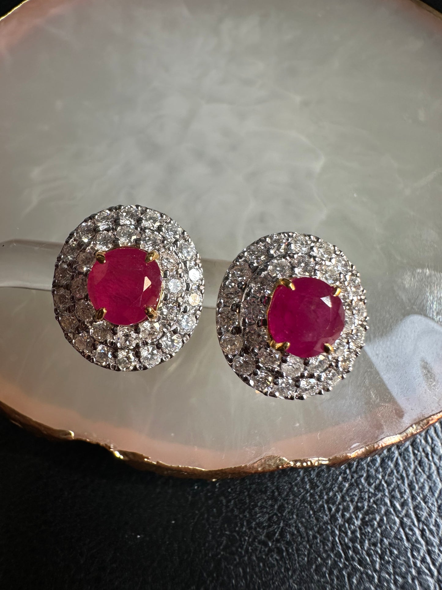 Natural unheated Burmese rubies (3.2CT) and natural diamond drop earrings in 18K solid gold