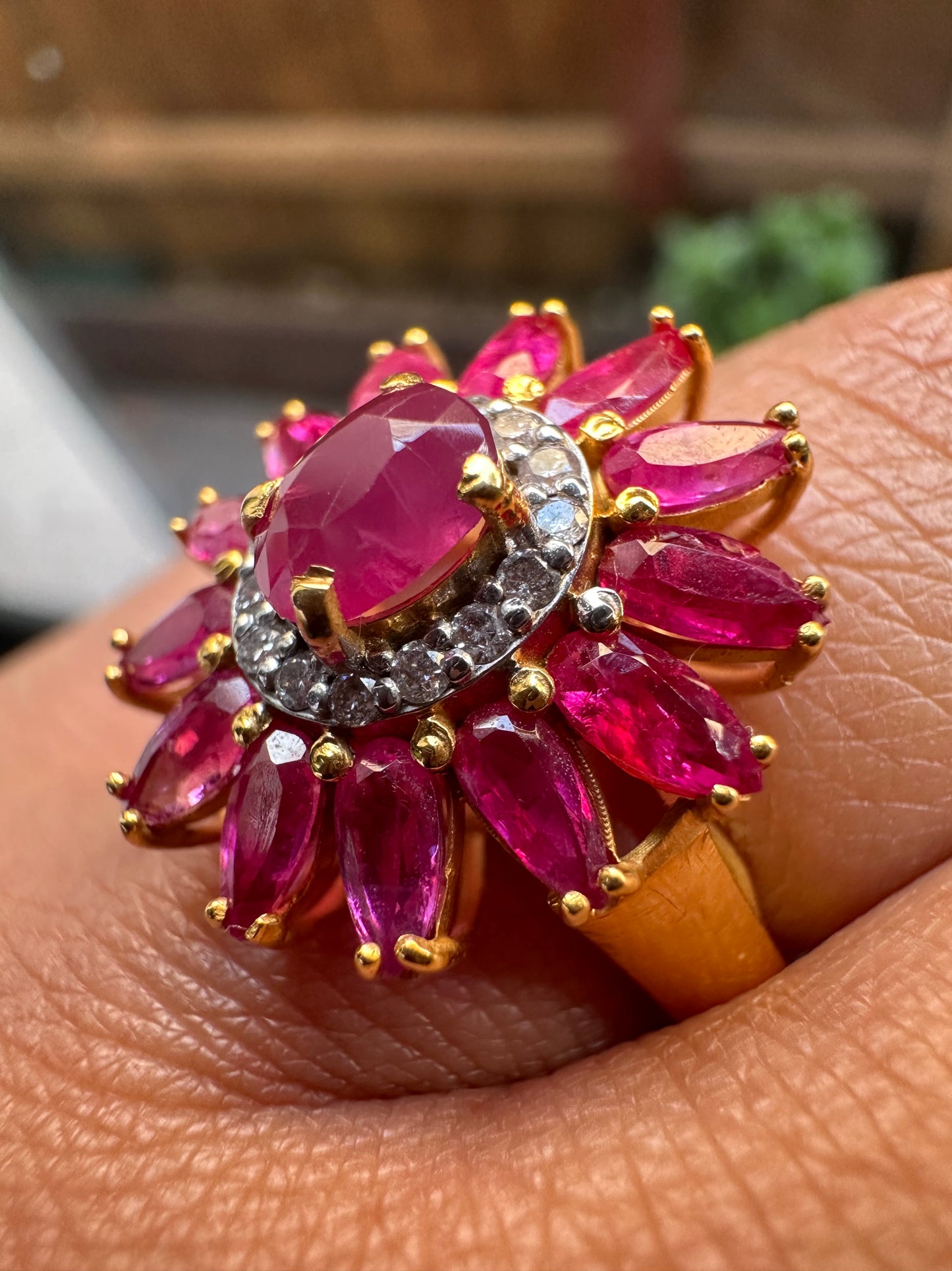 Vintage Sunflower Design Burmese Natural Unheated Ruby (2.65CT) and Diamonds Ring in 20K Solid Gold