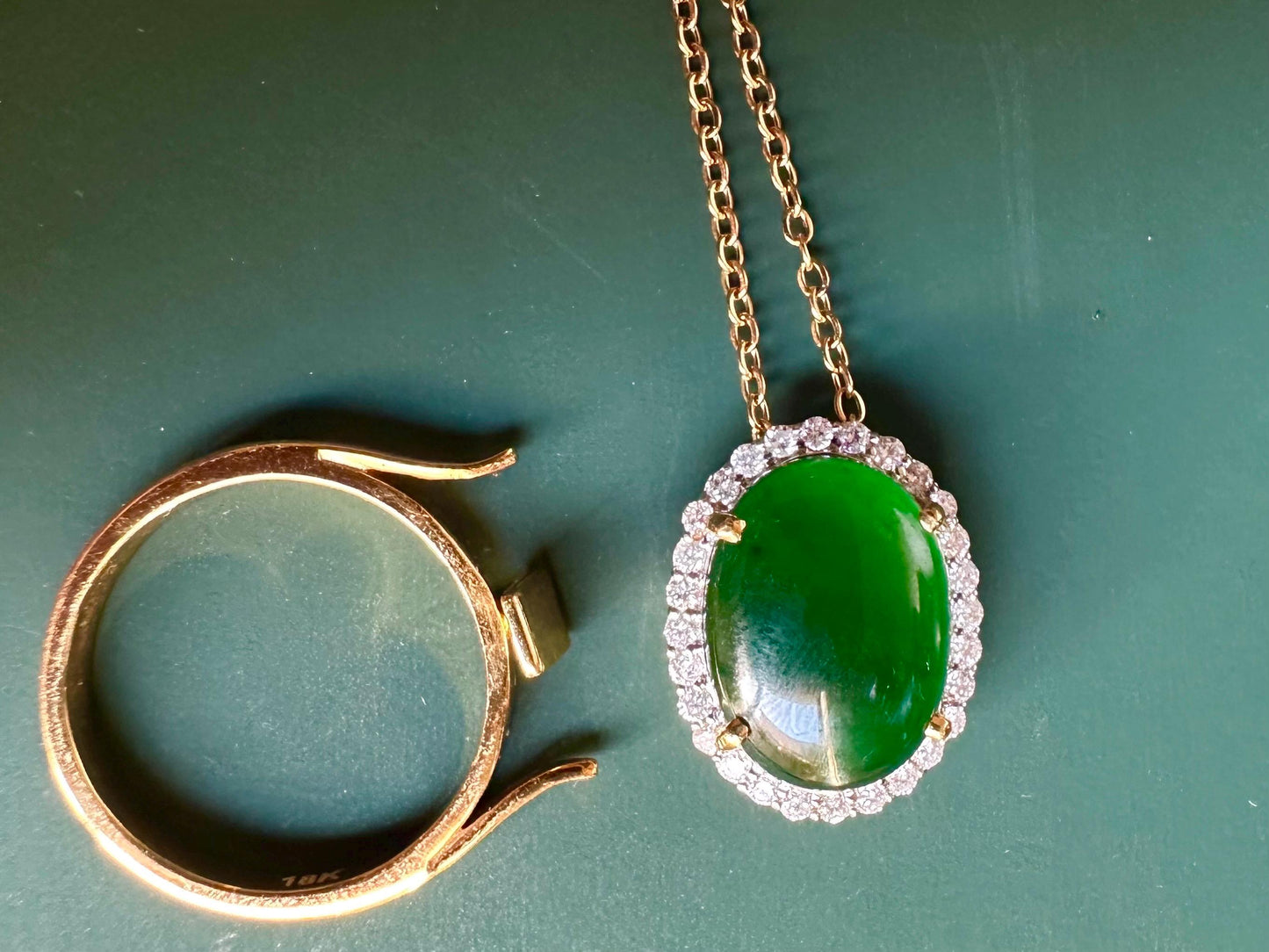 Two way of Pendant or Ring in Natural Unheated Burmese Jadeite Jade(Type A) (6CT) with Natural Diamonds and 18K Solid Gold.