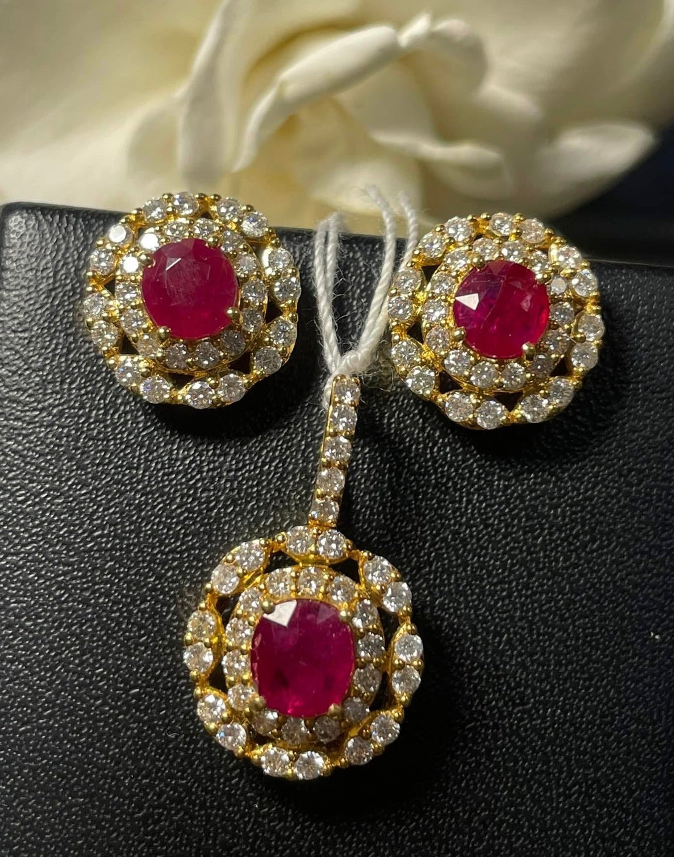 2 Full Carats of Natural Unheated Burmese Ruby & Diamond Halo Earring Set (Matching Pendant Available)
