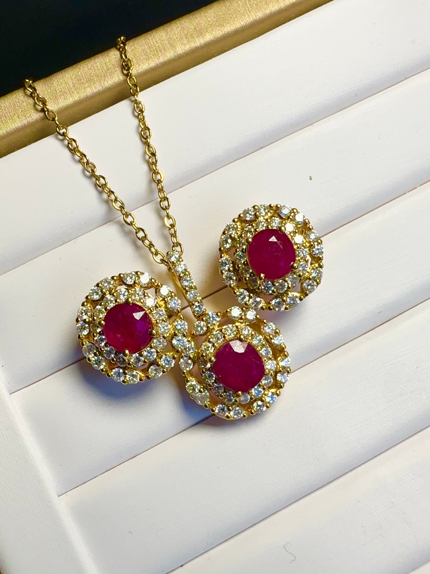 2 Full Carats of Natural Unheated Burmese Ruby & Diamond Halo Earring Set (Matching Pendant Available)