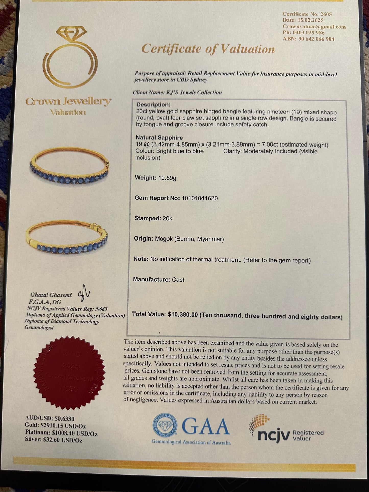 Natural Unheated Burmese Sapphire (7CT) Bangle in 20K Solid Gold