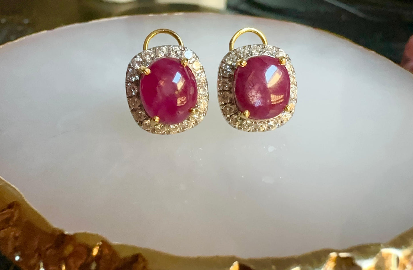 Oversized Natural Unheated Star Ruby (7.77CT) Earrings with Natural Diamonds in 20K Gold