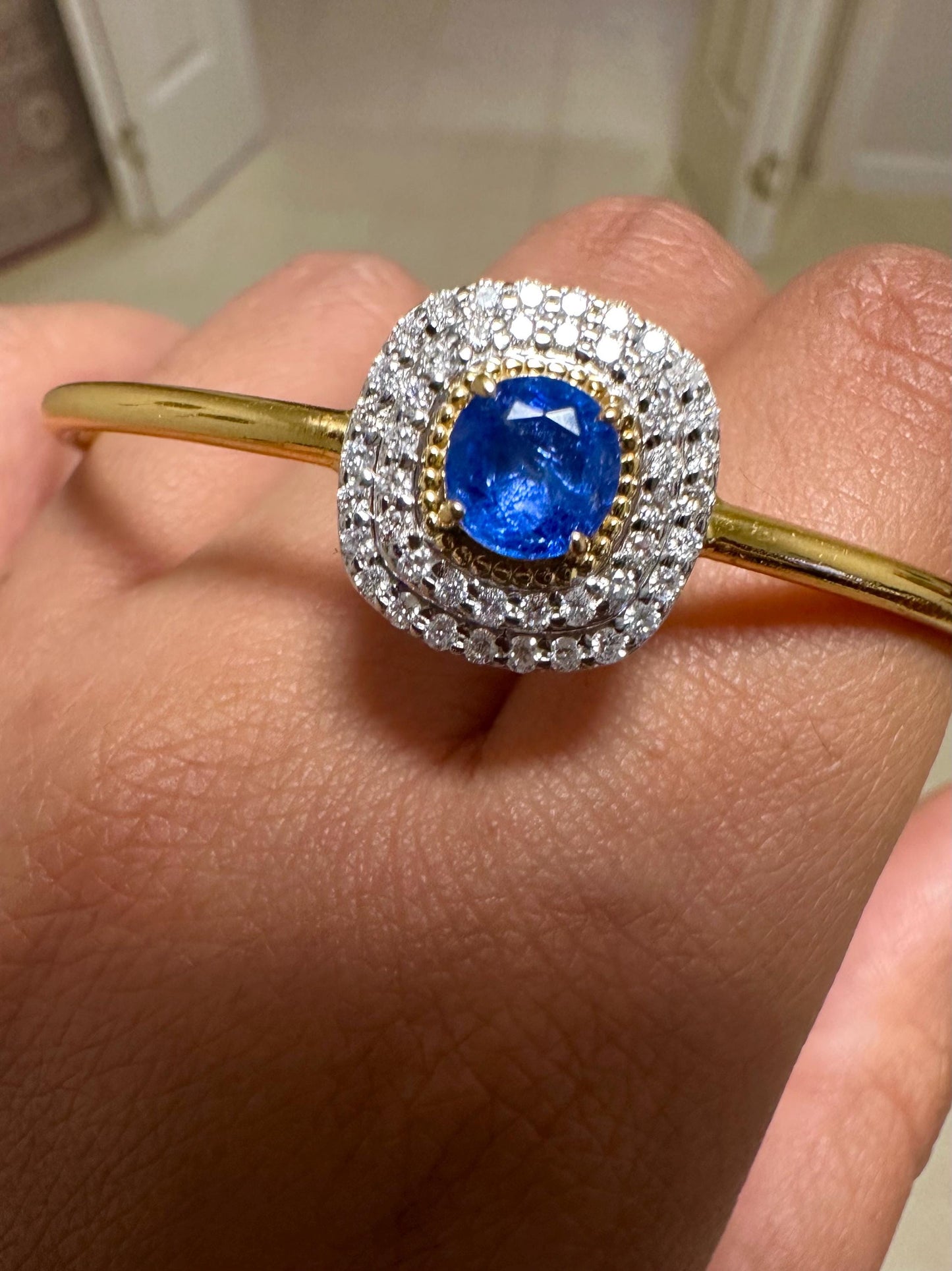 Natural Unheated Burmese Sapphire and Natural Diamonds Bangle in 18K Solid Gold