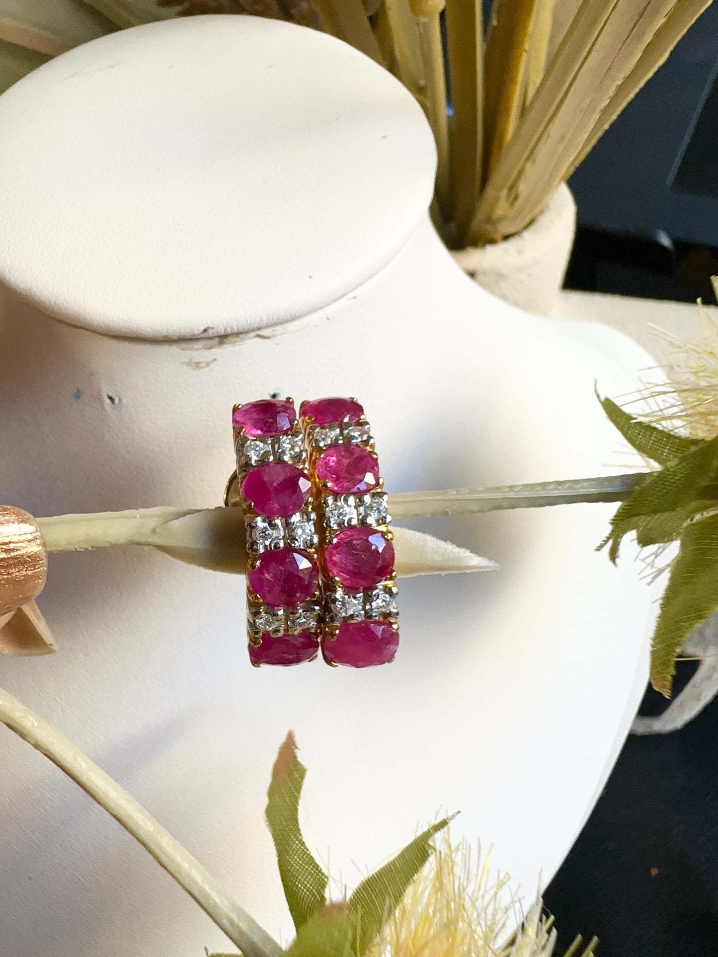 Total 3.63CT Burmese Unheated Rubies and Natural Diamonds Stud Earrings in 20K Solid Gold