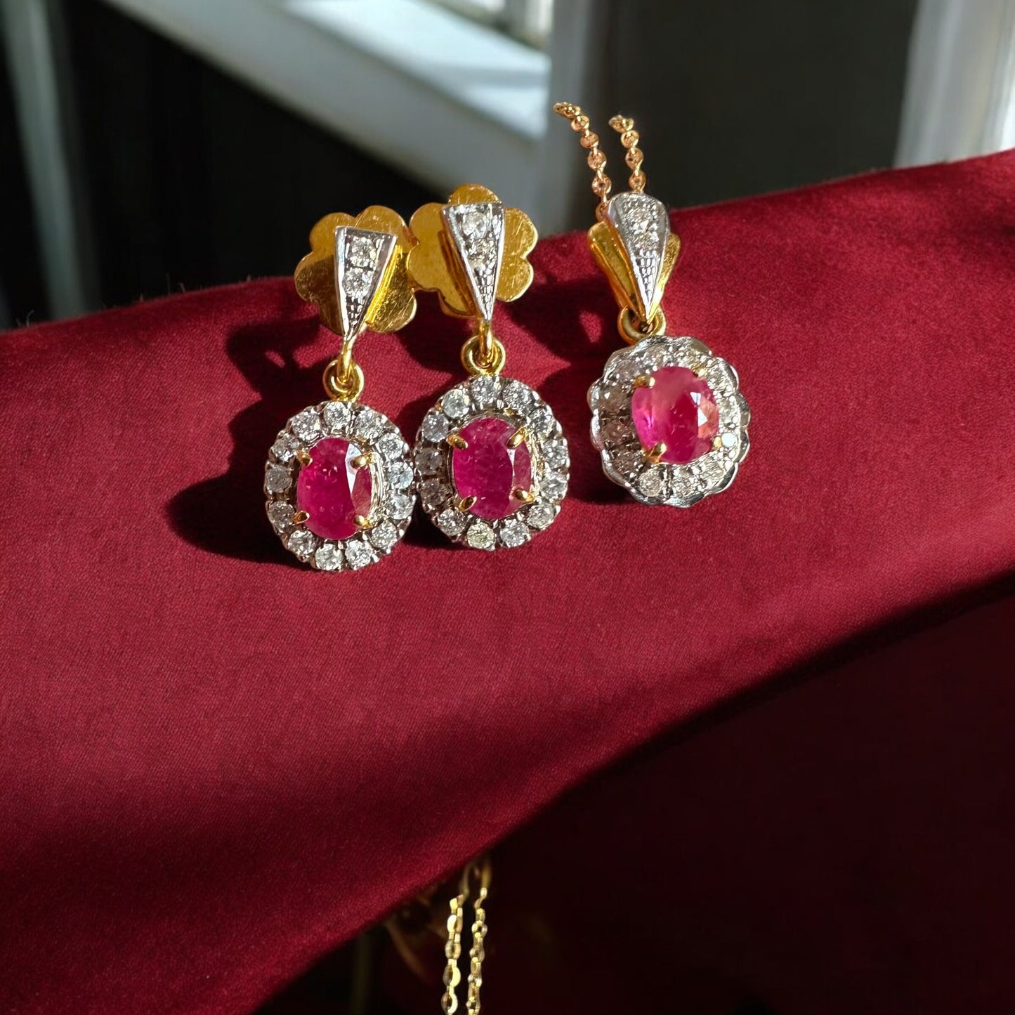 Stunning Earring & Necklace Set -Featuring Natural Unheated Burmese Ruby and Natural Diamond Earrings in 20K Solid Gold.