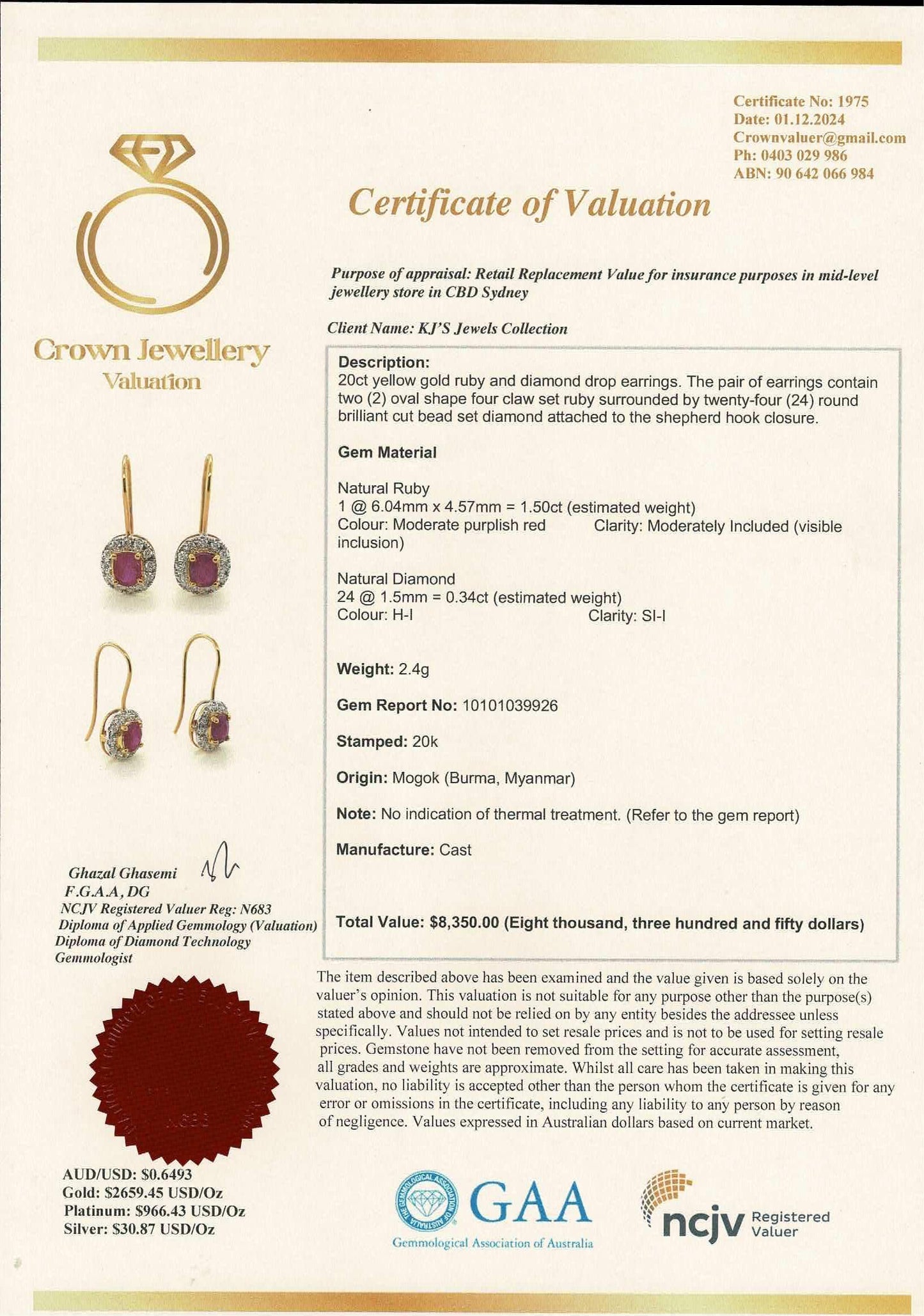 Natural unheated Burmese rubies (1.5CT) and natural diamond drop earrings in 20K solid gold