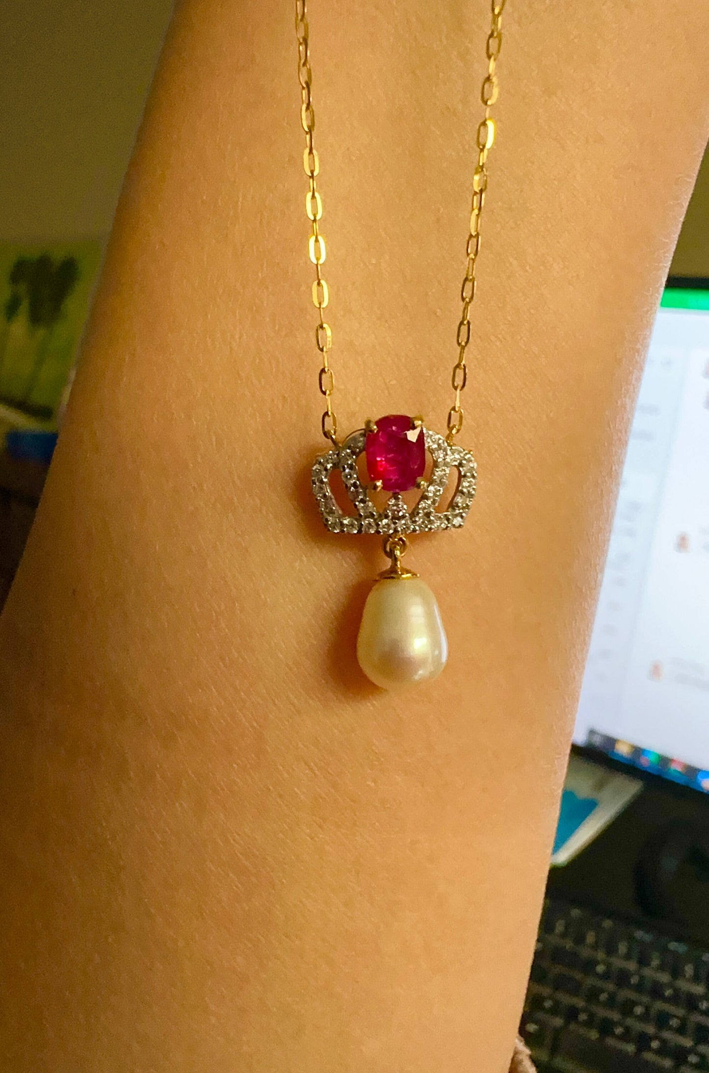 Pendant featuring a combination of Natural Unheated Ruby, South Sea Cultured Pearl and Natural Diamonds in 18K Solid Gold.