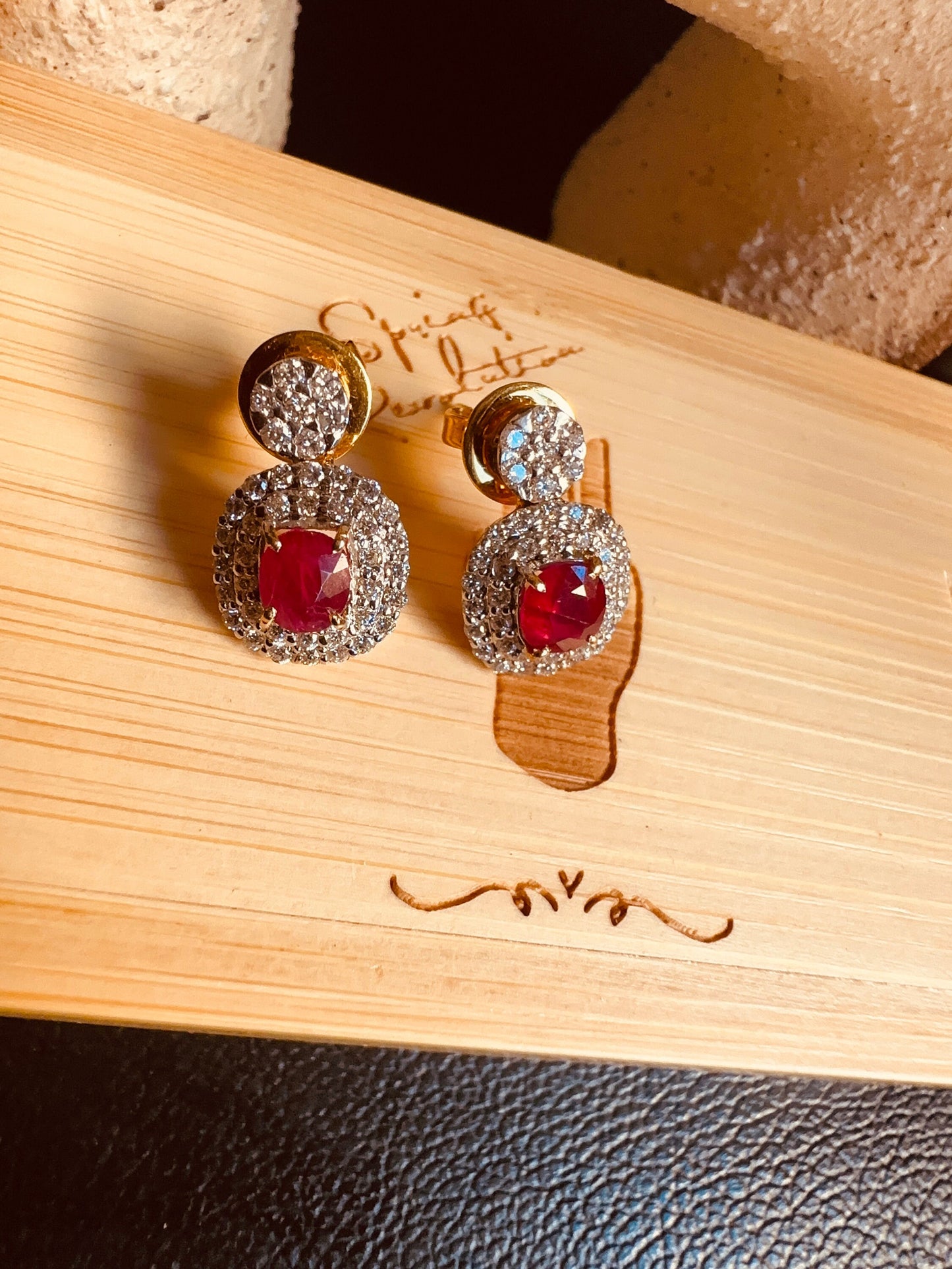 Two-step Burmese natural unheated ruby and natural diamond earrings in 18K solid gold