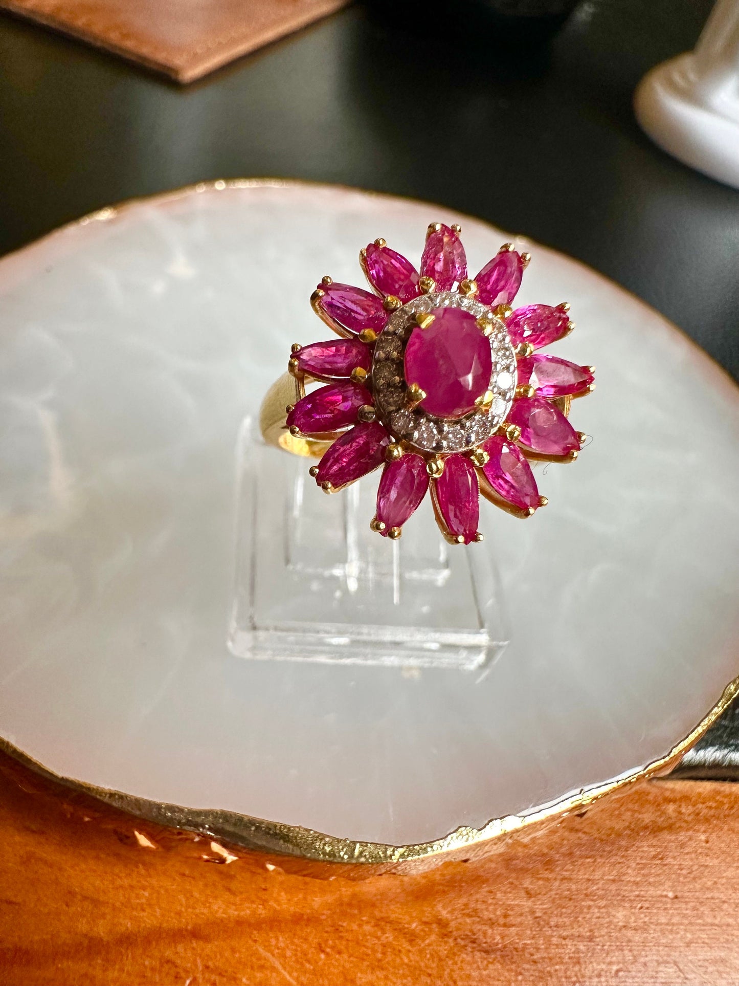 Vintage Sunflower Design Burmese Natural Unheated Ruby (2.65CT) and Diamonds Ring in 20K Solid Gold