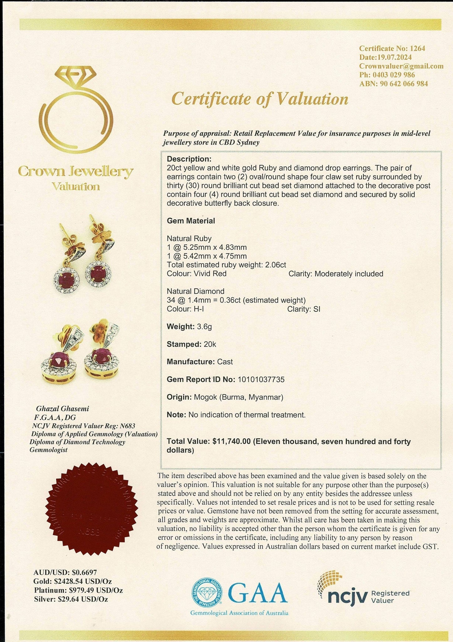 Teardrop style Natural unheated Burmese ruby (2CT) and natural diamond earrings in 20K solid gold