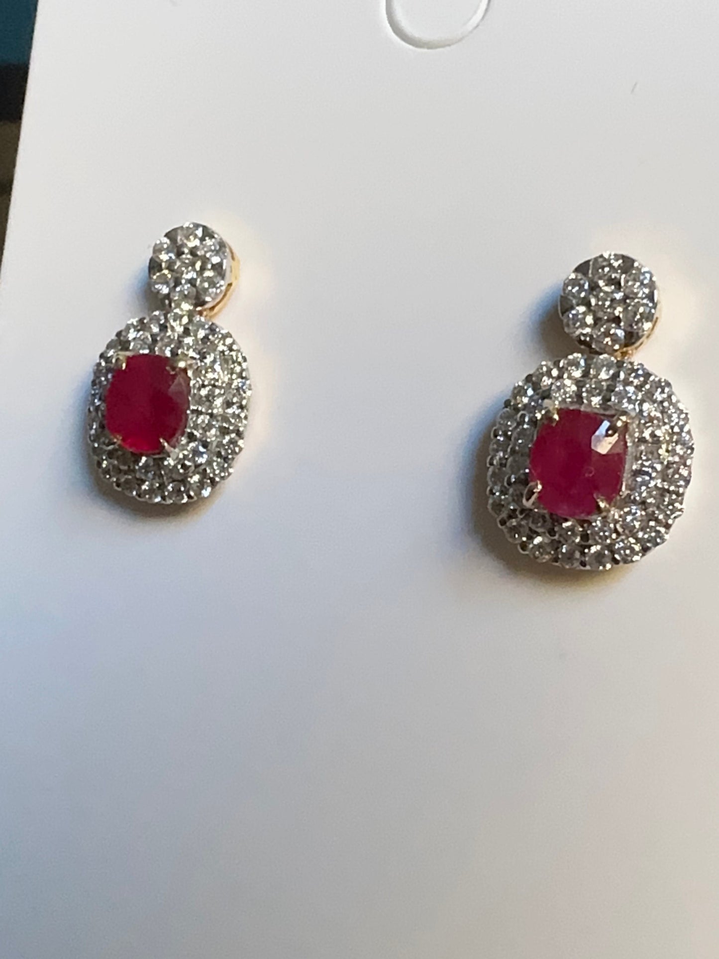 Two-step Burmese natural unheated ruby and natural diamond earrings in 18K solid gold