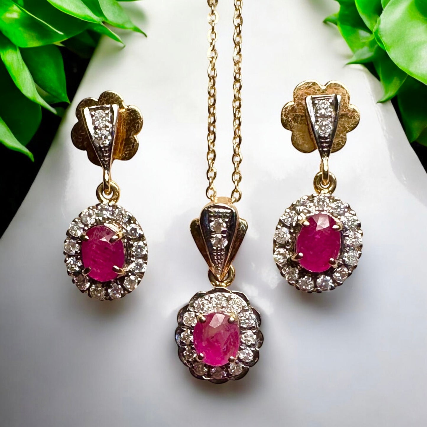 Stunning Earring & Necklace Set -Featuring Natural Unheated Burmese Ruby and Natural Diamond Earrings in 20K Solid Gold.