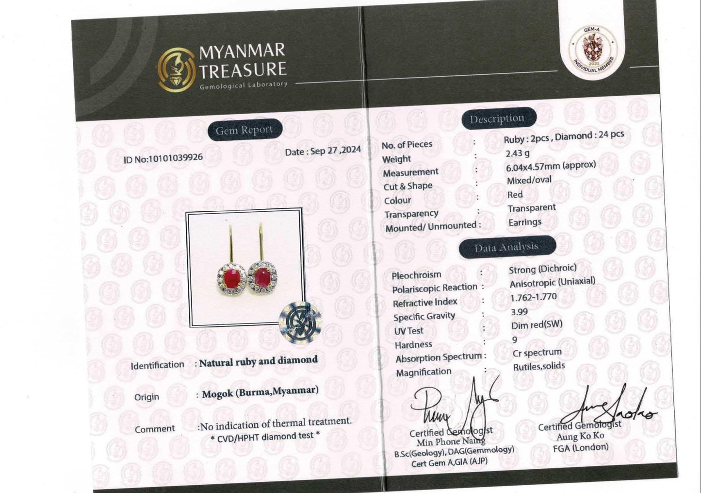 Natural unheated Burmese rubies (1.5CT) and natural diamond drop earrings in 20K solid gold