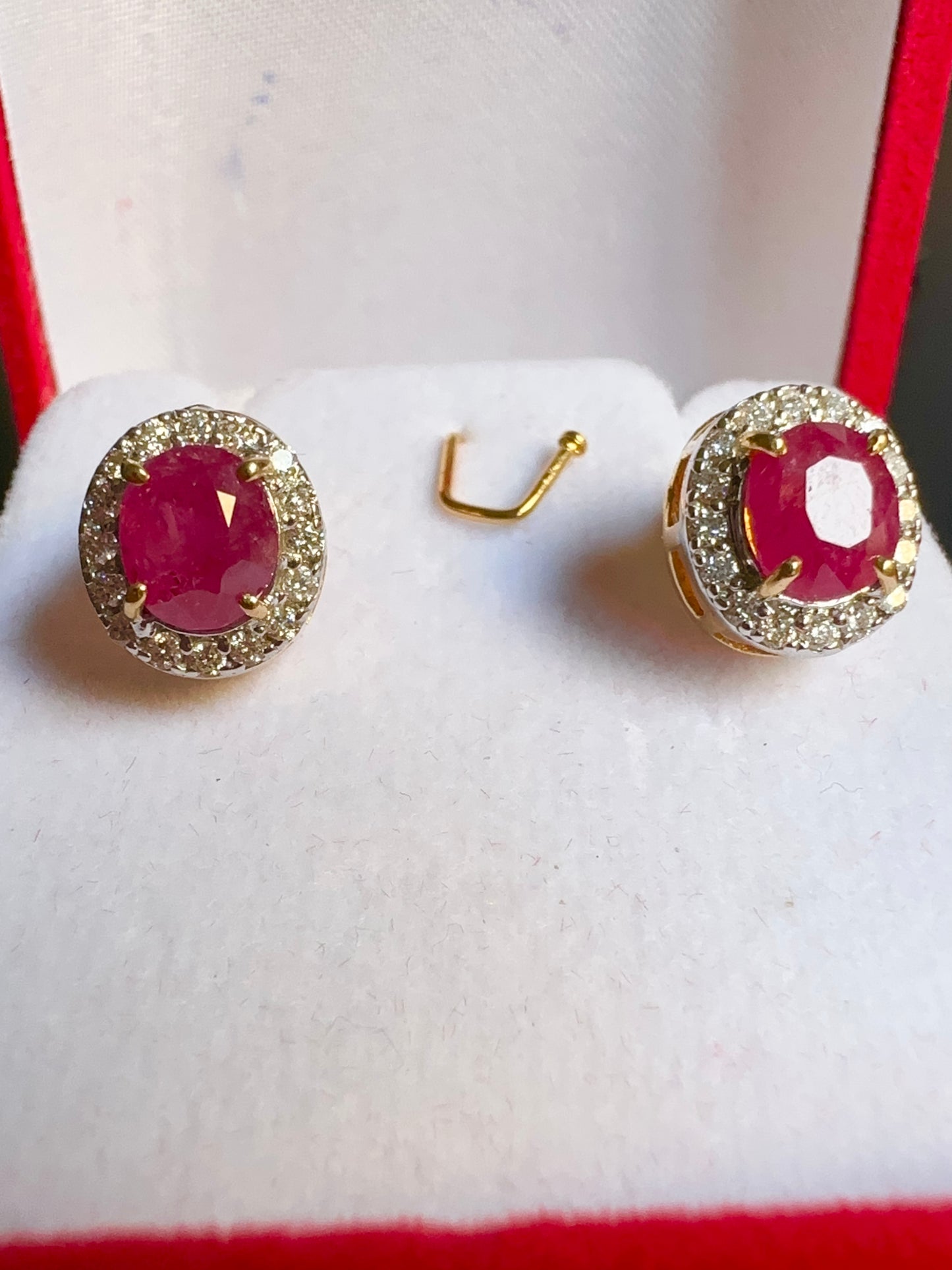 Natural unheated Burmese rubies (2.4CT) and natural diamond drop earrings in 20K solid gold
