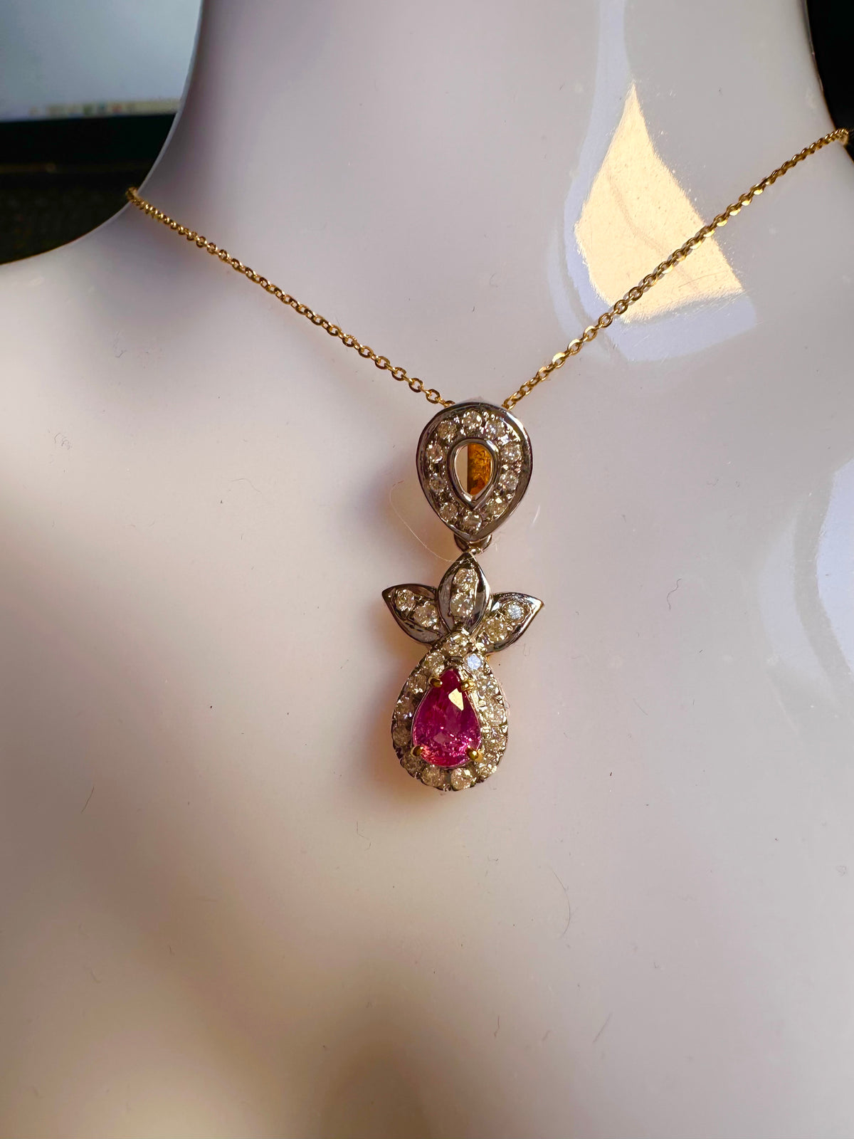 Natural Pink Sapphire & Diamond Halo Pendant in 20K Solid Gold with gold Necklace