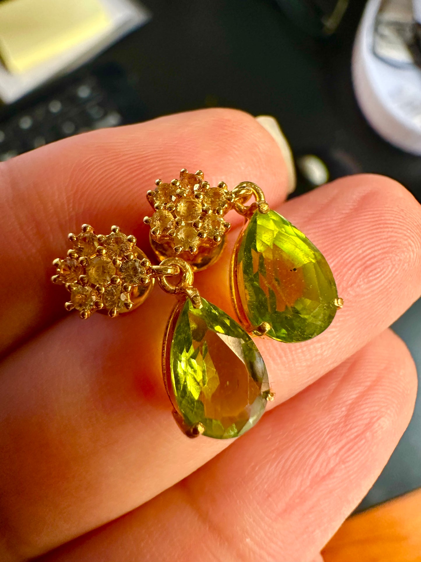 Natural Unheated Burmese Peridot (3.2 CT) and NaturalYellow Sapphire Earrings in 18K Solid Gold
