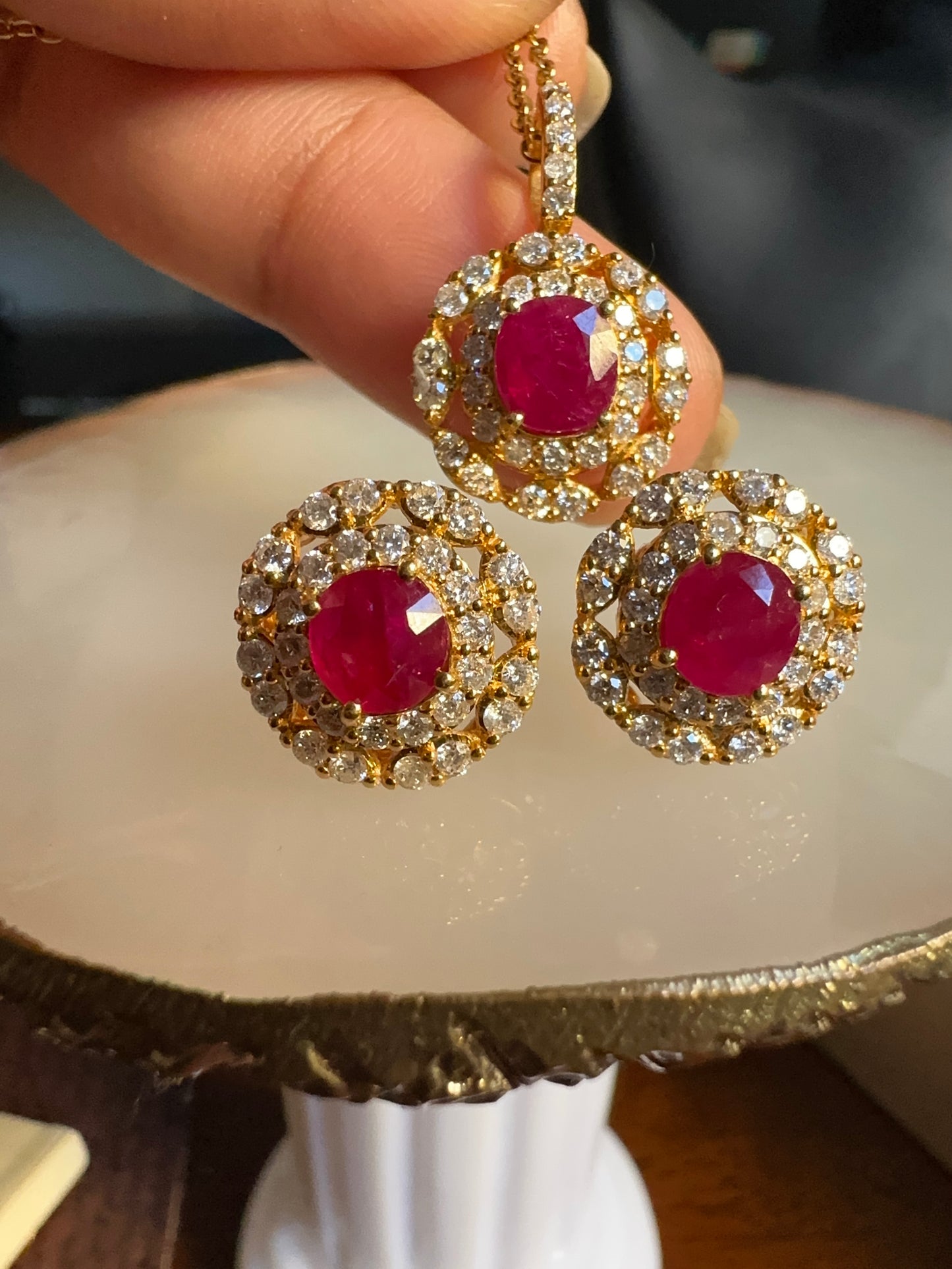 Natural Burmese Unheated Ruby & Diamond Halo Pendant (Matching Earrings Available)