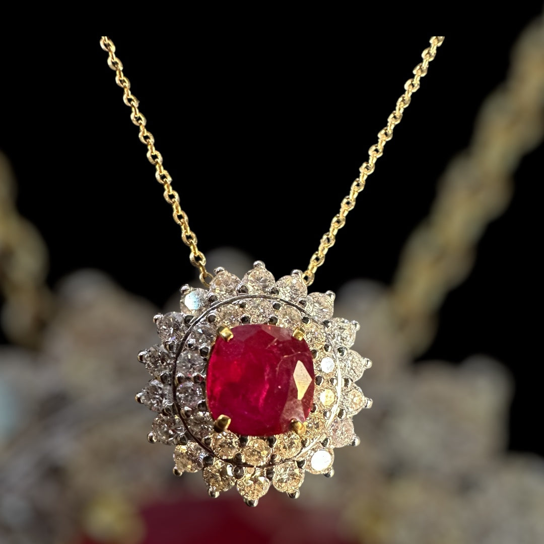 Two Halo Brilliance: Natural Diamonds & Natural Unheated Burmese Ruby (1CT) Pendant with Solid Gold Chain