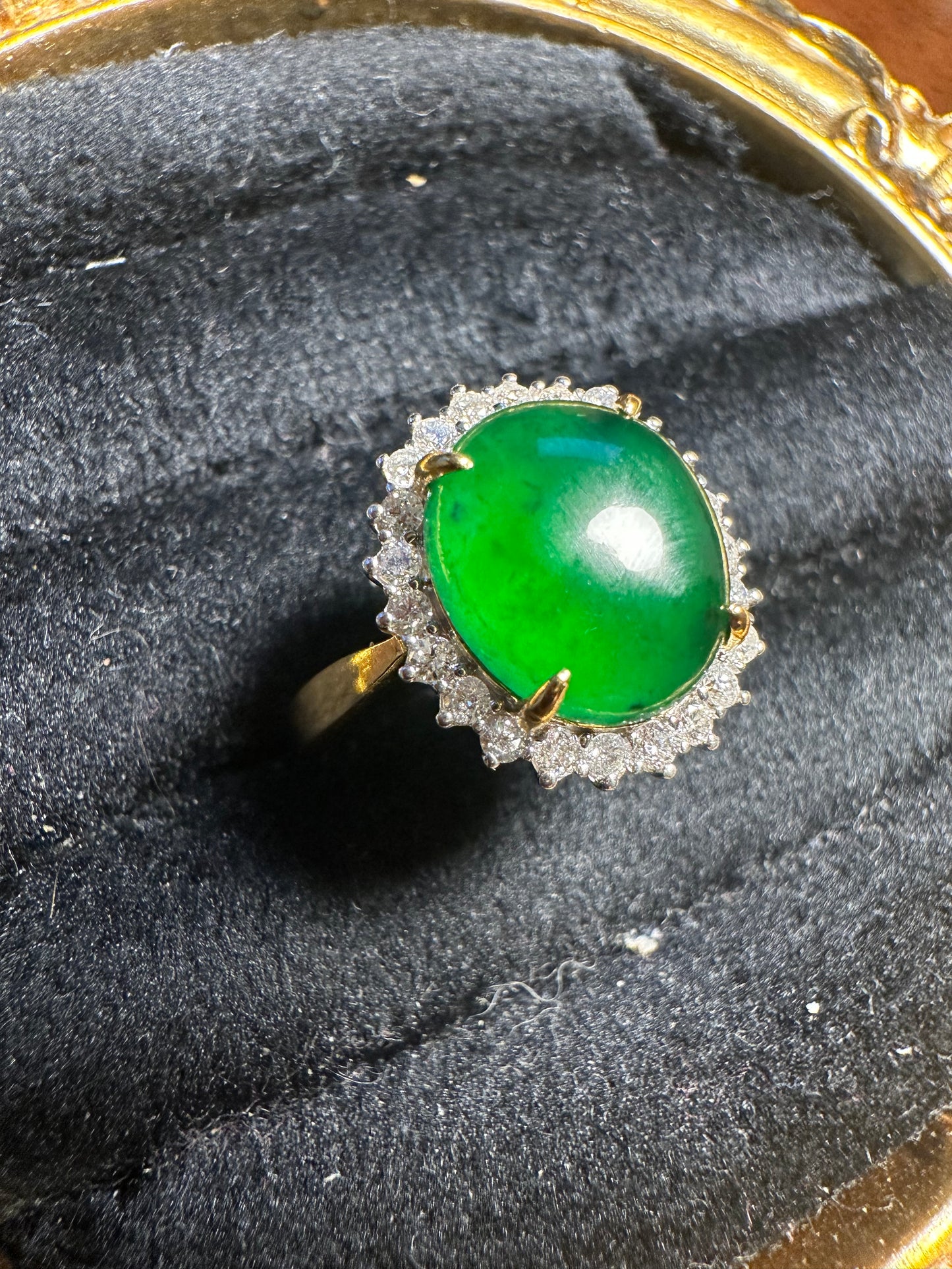 Diana-Style Ring - Natural Unheated Burmese Jadeite Jade (Type A) with Natural Diamonds in 18K Solid Gold.