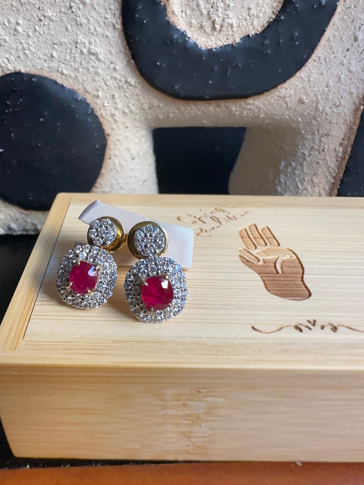 Two-step Burmese natural unheated ruby and natural diamond earrings in 18K solid gold