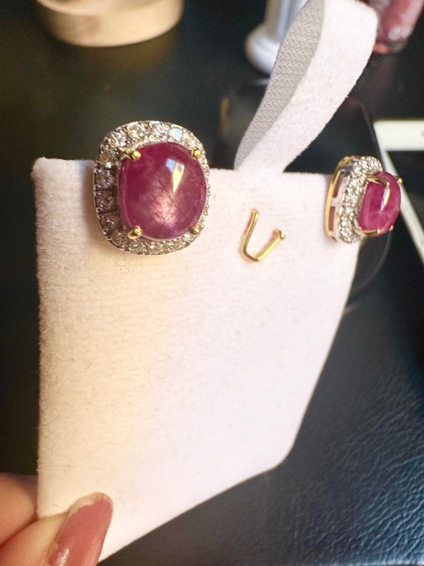 Oversized Natural Unheated Star Ruby (7.77CT) Earrings with Natural Diamonds in 20K Gold