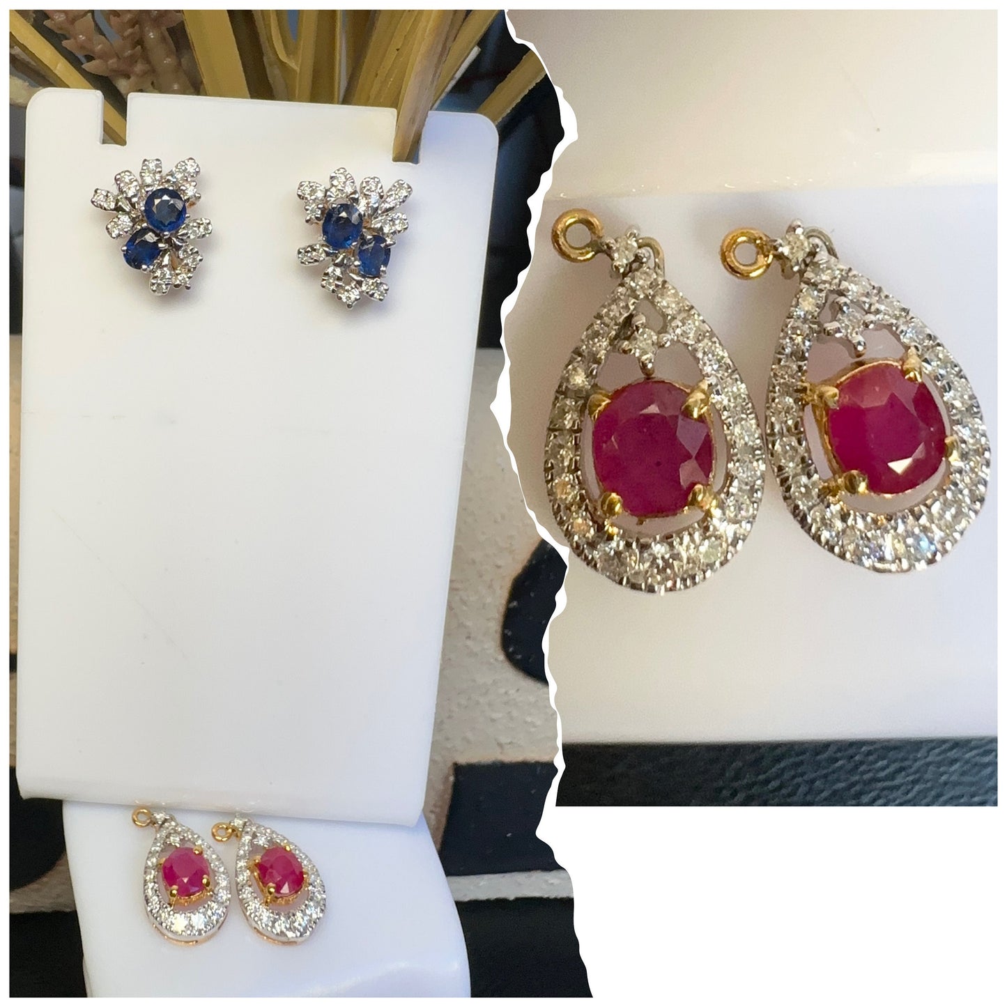 Beautiful natural untreated Burmese ruby, sapphire, and diamond (2 in 1) earring stud in 18K Solid Gold