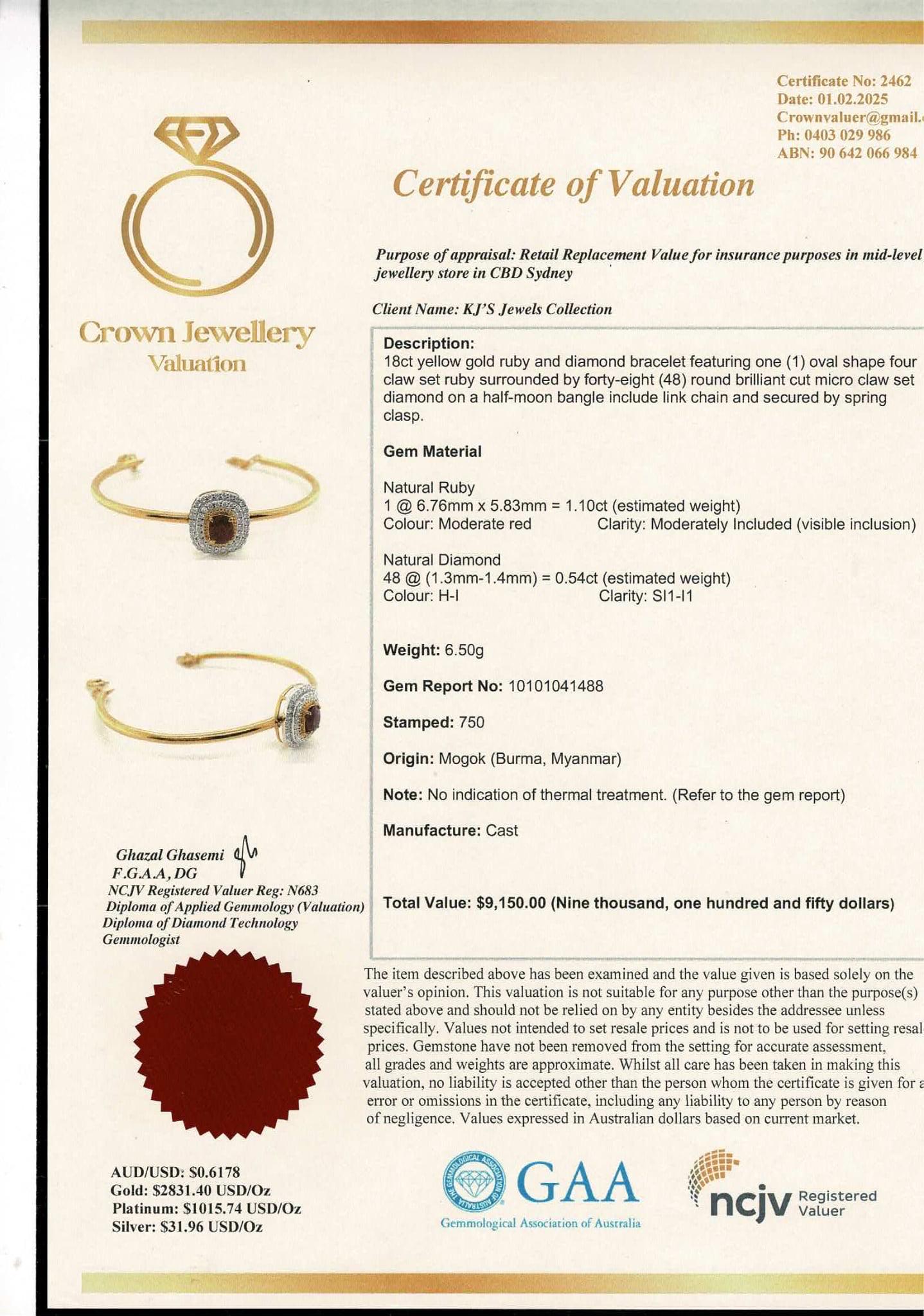 Natural Unheated Burmese Rubies and Natural Diamonds Bangle in 18K Solid Gold