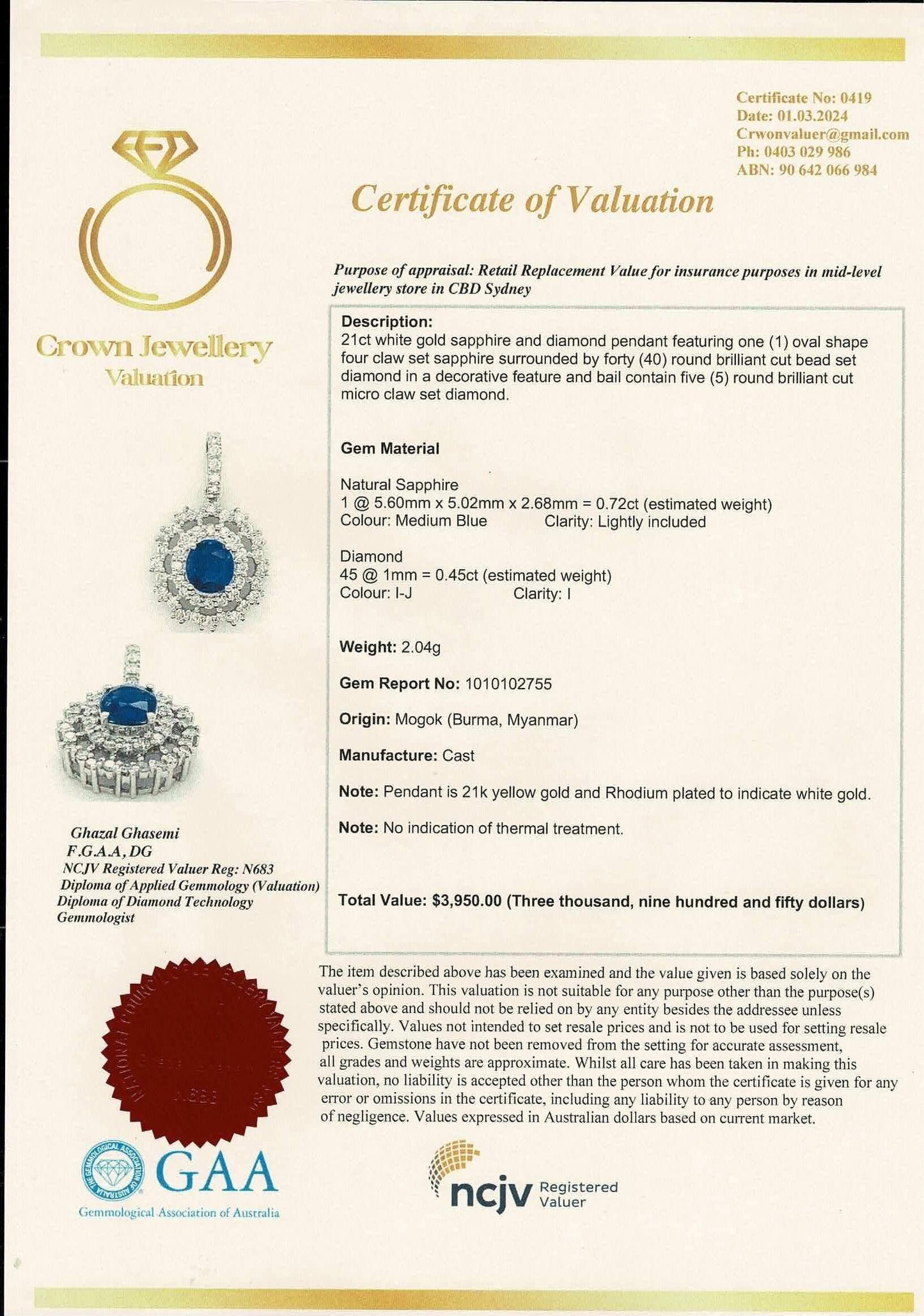 Natural Unheated Burmese Sapphire and natural Diamond Pendant