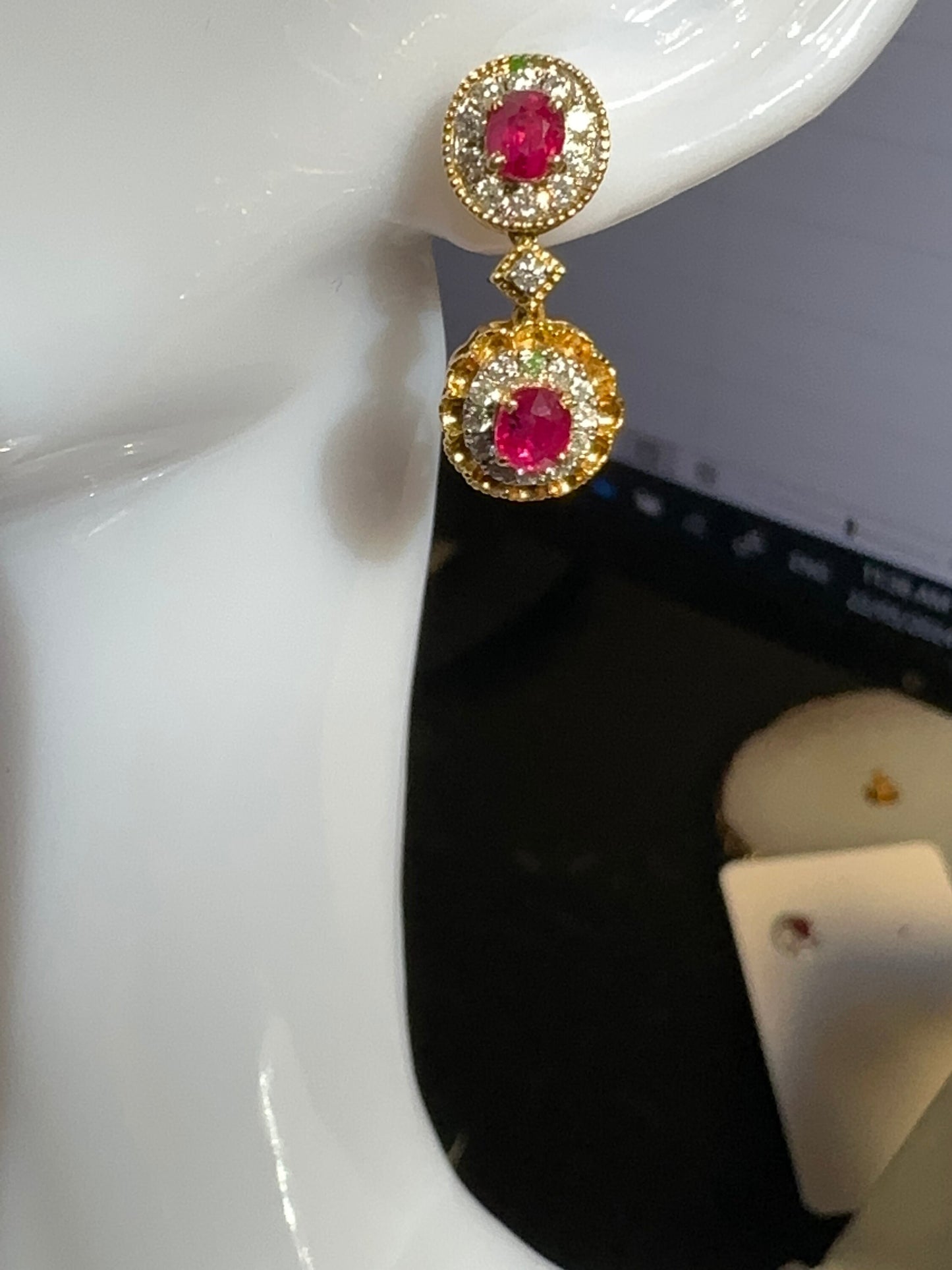 Four pieces Burmese natural unheated ruby and natural diamond earrings in 18K solid gold