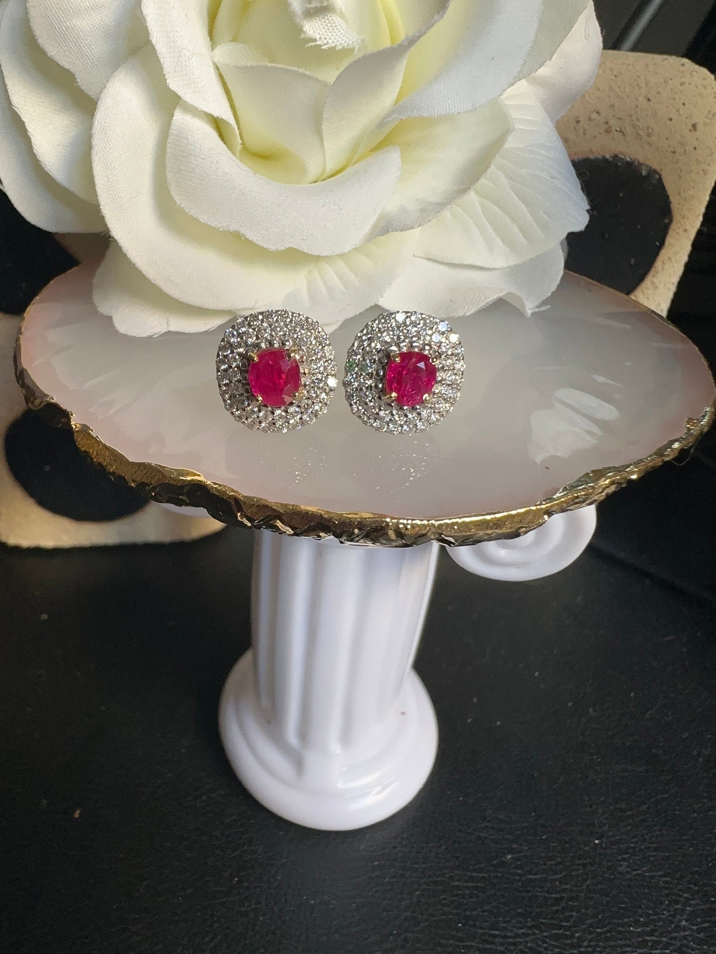 Total 2.13 CT Burmese Natural Unheated Ruby and Natural Diamonds Earrings in 18K Solid Gold