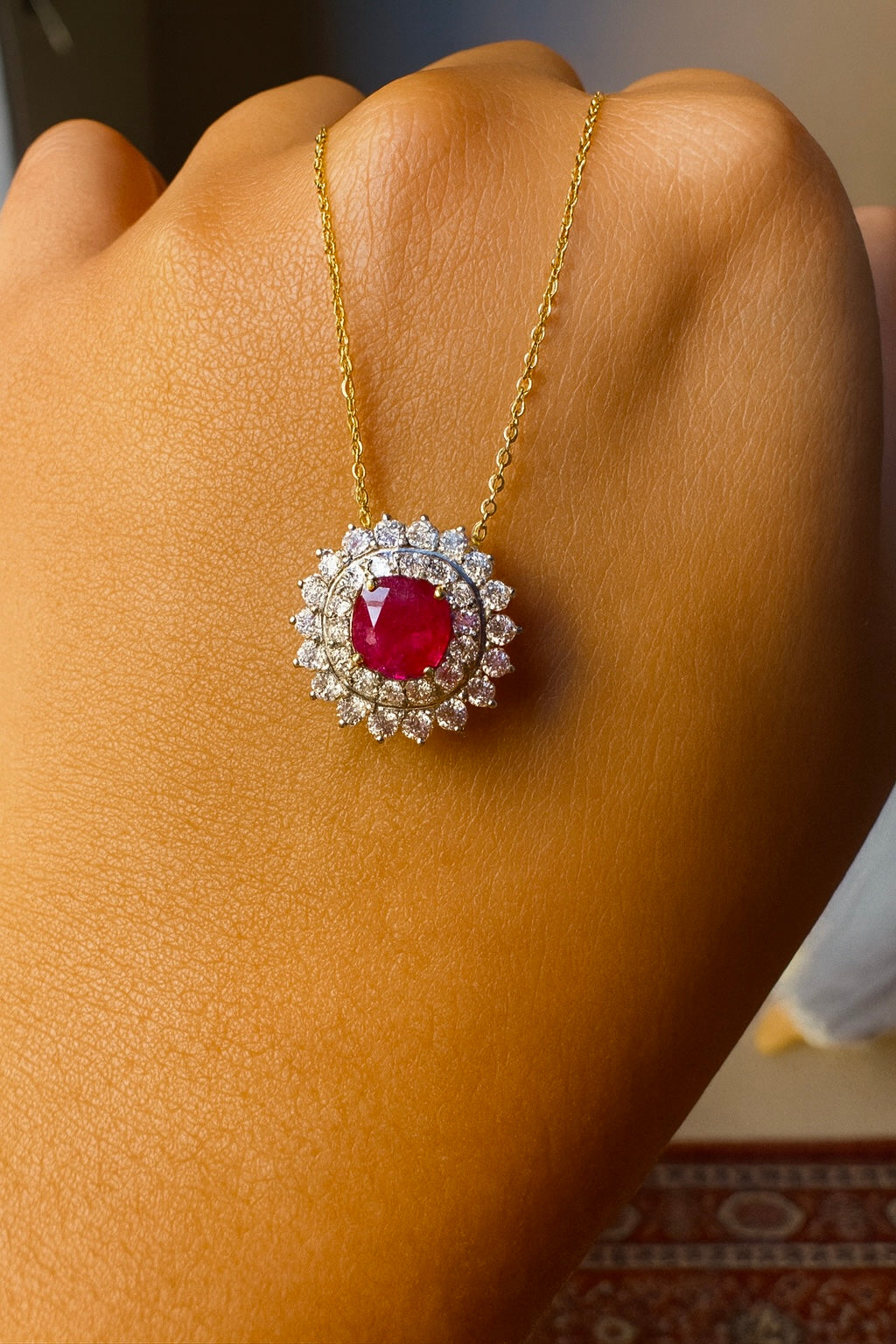 Two Halo Brilliance: Natural Diamonds & Natural Unheated Burmese Ruby (1CT) Pendant with Solid Gold Chain