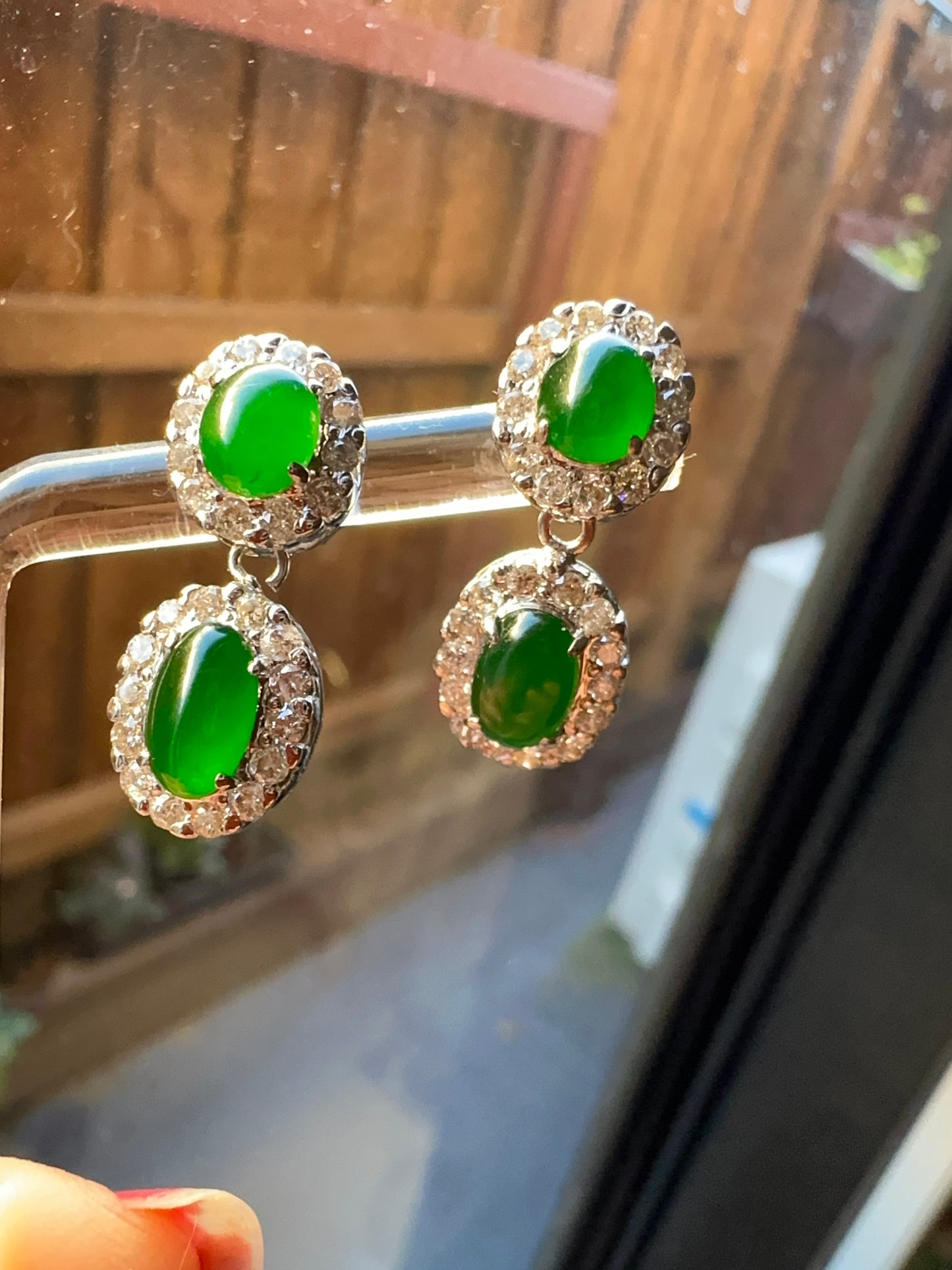 Two Step Drop Earrings Natural Untreated Burmese Jadeite & Diamonds