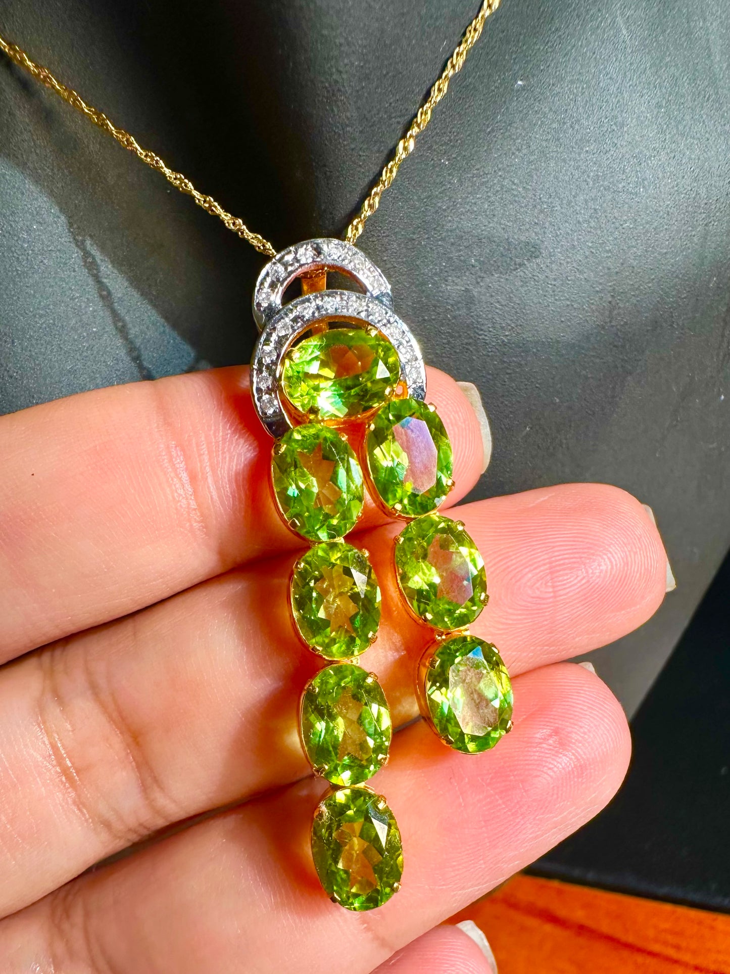 Natural Unheated Burmese Peridot (11 CT) and Natural Diamonds Pendant in 18K Solid Gold
