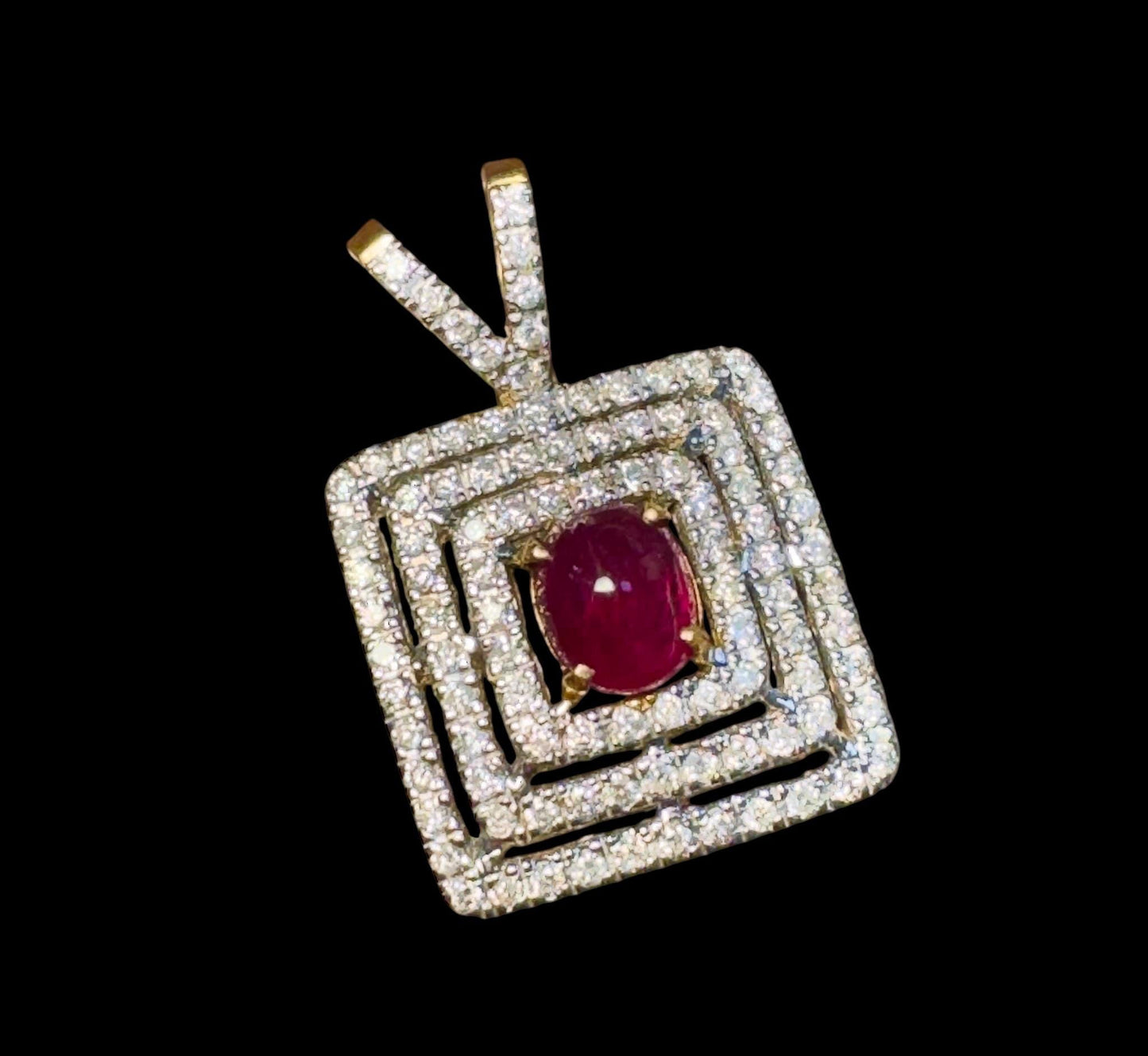 Natural Unheated Cabochon Burma Ruby (1.5CT) and Natural Diamonds in 20K Solid Gold Pendant