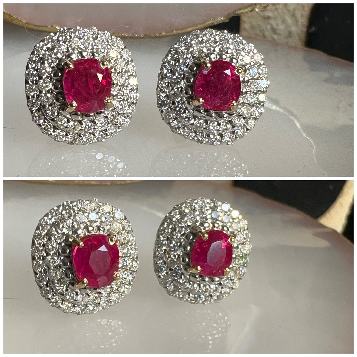 Total 2.13 CT Burmese Natural Unheated Ruby and Natural Diamonds Earrings in 18K Solid Gold