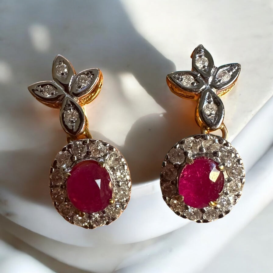 Natural unheated Burmese rubies (1.55CT) and natural diamond drop earrings in 20K solid gold