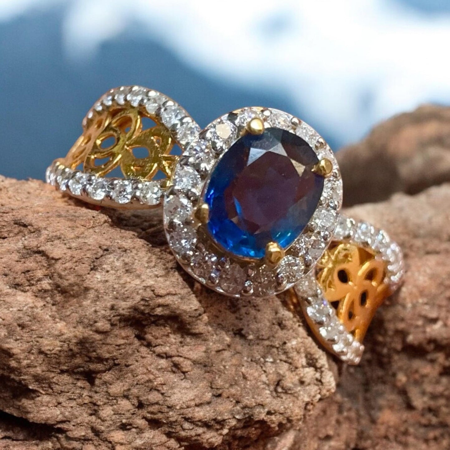 Natural Unheated Sapphire and Natural Diamond Ring in 20K Solid Gold