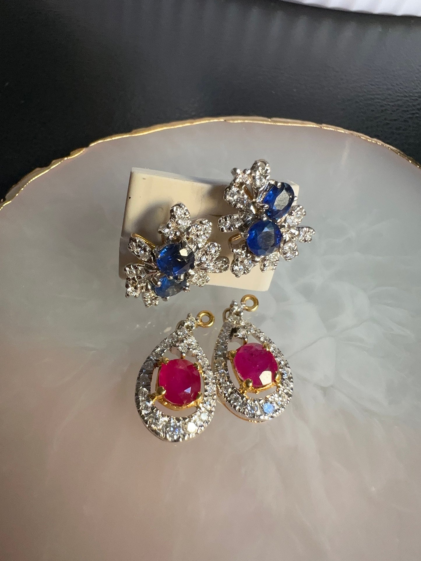Beautiful natural untreated Burmese ruby, sapphire, and diamond (2 in 1) earring stud in 18K Solid Gold