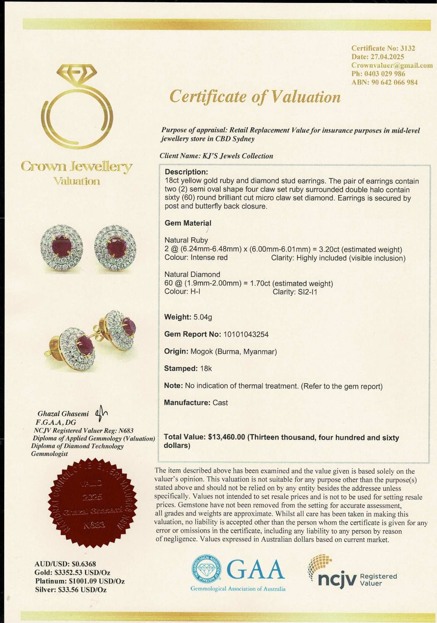 Natural unheated Burmese rubies (3.2CT) and natural diamond drop earrings in 18K solid gold