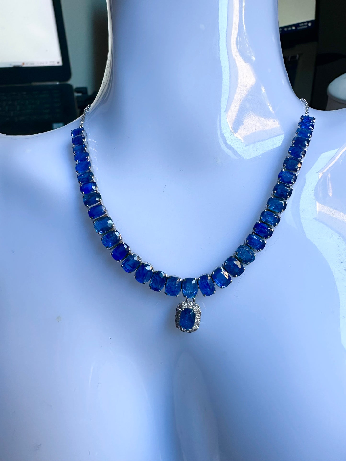 Emerald Cut Natural Unheated Burmese Sapphires and Diamonds Necklace