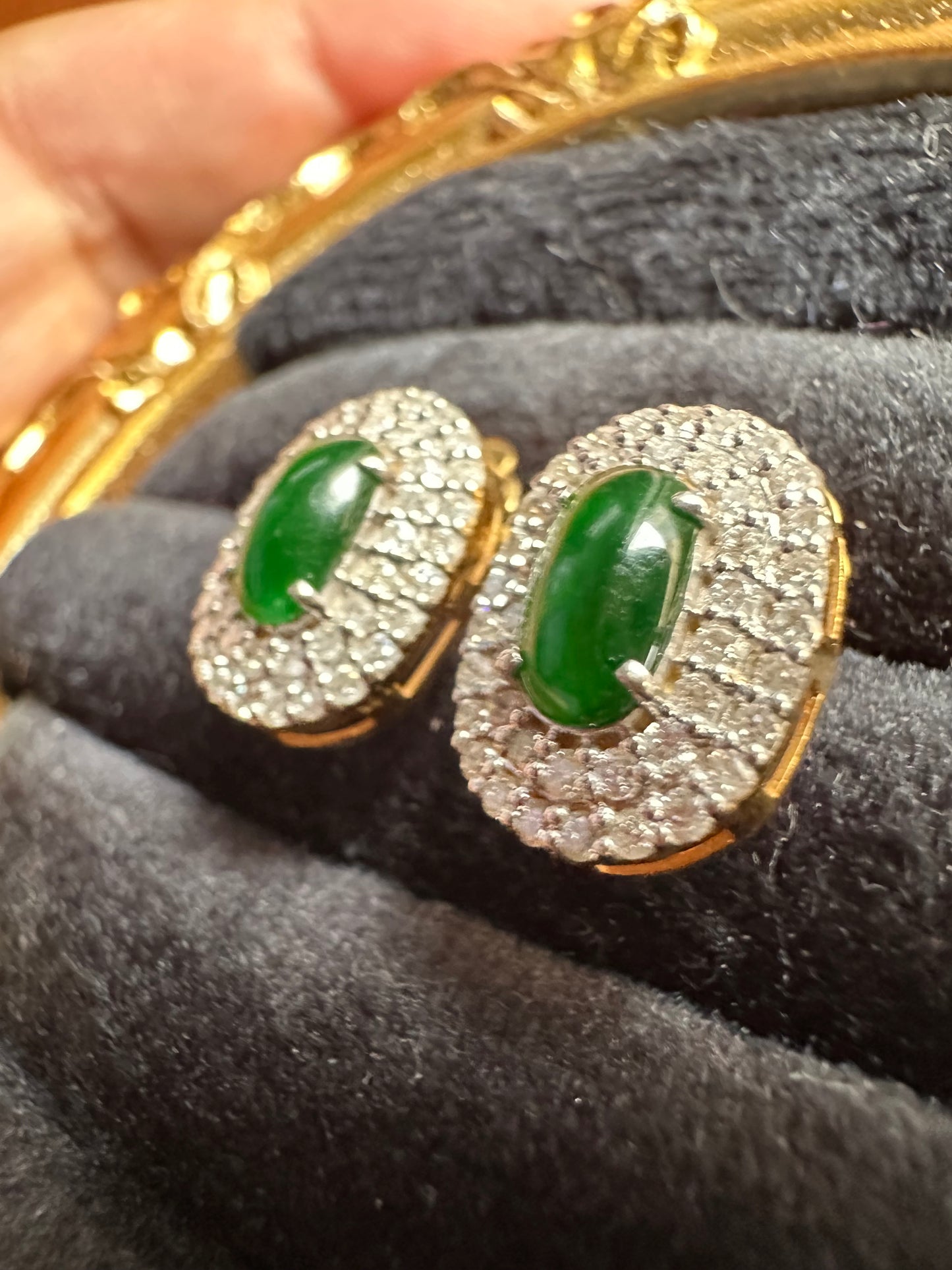 Burmese Jadeite Jade with Natural Diamonds Earrings in Solid Gold